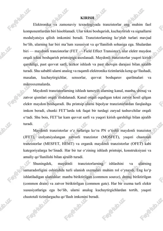 tiladigan ulanishlar: manba biriktirilgan (common source), drenaj biriktirilgan (common drain) va zatvor biriktirilgan (common gate). har bir sxema turli elektr xususiyatlariga ega bo‘lib, ularni analog kuchaytirgichlardan tortib, yuqori chastotali tizimlargacha qo‘llash imkonini beradi. asosiy qism 1. maydonli tranzistorning mohiyati va ishlash prinsipi tranzistorlar tuzilishi, ishlash prinsipi va parametrlariga koʻra 2 ta sinfga ajratiladi — bipolyar va maydoniy (unipolyar) tranzistorlar. bipolyar tranzistorlarda ikkala turdagi (p-tipli va n-tipli) oʻtkazuvchanlikka ega boʻlgan yarimoʻtkazgichlar ishlatiladi. bipolyar tranzistor, oʻzaro yaqin joylashgan p-n oʻtish hisobiga ishlaydi va baza-emitter oʻtishi orqali tokni boshqaradi. maydoniy tranzistorlarda faqat bir turdagi (n-tipli yoki p-tipli) yarimoʻtkazgichlar ishlatiladi. bunday tranzisorlarning bipolyar tranzistorlardan asosiy farqi shundaki, ular kuchlanishni boshqaradi, tokni emas. kuchlanishni boshqarish zatvor va istok orasidagi kuchlanishni oʻzgartirish orqali amalga oshiriladi. hozirgi kunda analog texnikalar olamida bipolyar tranzistorlar (bt) (xalqaro atama — bjt, bipolar junction transistor) asosiy oʻrinni egallagan. raqamli texnikalar sohasida esa, aksincha maydoniy tranzistorlar bipolyar tranzistorlarni siqib chiqargan. oʻtgan asrning …