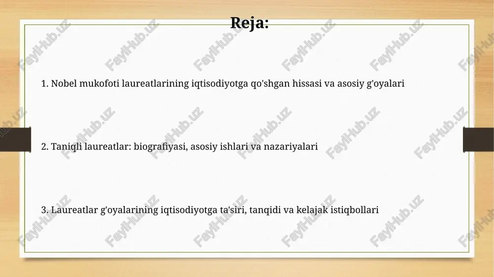 arni to'liq aks ettirmasligi mumkin. zamonaviy iqtisodiy muammolarni hal qilishda nobel mukofoti laureatlarining g'oyalarini qo'llash esther duflo va abhijit banerjee g'oyalari kambag'allikka qarshi kurash dasturlarini baholash uchun randomizatsiyalangan nazorat sinovlarini (rct) qo'llash orqali siyosat samaradorligini oshirishda yordam beradi. oliver hart va bengt holmströmning shartnoma nazariyasi kompaniyalarda rag'batlantirish tuzilmalari va xususiy mulk huquqlarini loyihalashtirishga yordam beradi, bu esa samaradorlikni oshiradi. xulosa: istiqbollar va kelajakdagi tadqiqotlar kelajakdagi tadqiqotlar 2008-yilgi moliyaviy inqirozdan saboq olgan holda, xatti-harakatlar iqtisodiyotini makroiqtisodiy modellarga integratsiyalash orqali iqtisodiy barqarorlikni oshirishga qaratiladi. nobel laureatlarining g'oyalari yordamida, yangi ekonometrik metodlar ishlab chiqish orqali, 21-asrning global muammolariga, jumladan iqlim o'zgarishi va tengsizlikka, yechim topish istiqbollari mavjud. e'tiboringiz uchun rahmat image7.jpg image8.jpg image9.jpg image10.jpg image11.jpg image12.jpg image3.png image4.png