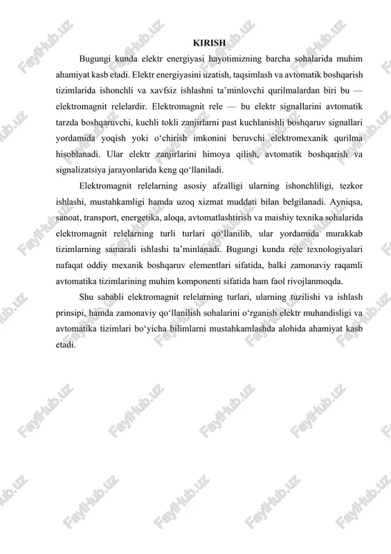 boshqa ko‘plab sohalarda keng qo‘llaniladi. relelarning asosiy vazifasi – ma’lum bir elektr signalga javoban ikkinchi elektr zanjirining ulanib yoki uzilib ketishini ta’minlashdir. ya’ni u signallarni kuchaytirish, uzatish, o‘zgartirish yoki himoya qilish kabi funksiyalarni bajaradi. elektromagnit relelarning ishlash prinsipi elektromagnit induksiya hodisasiga asoslanadi, bu hodisani mashhur ingliz olimi maykl faradey xix asrda kashf etgan. 1-rasm. elektromagnit rele tuzilishi elektromagnit relelarning ishlash jarayoni juda sodda, ammo samarali mexanik-elektrik o‘zaro ta’sir asosida tashkil etilgan. rele tarkibida ferromagnit materialdan yasalgan o‘zak, uning atrofida izolyatsiyalangan mis simdan o‘ralgan g‘altak (o‘ram), harakatlanuvchi yakor (temir plastinka), kontaktlar tizimi va qaytaruvchi prujina mavjud. rele o‘rami orqali elektr toki o‘tganda, magnit maydon hosil bo‘ladi. bu magnit maydon o‘zak va yakor orasida magnit oqimini shakllantiradi. natijada yakor magnit kuch ta’sirida o‘z holatini o‘zgartiradi va kontaktlarni yopadi yoki uzadi. tok o‘tishni to‘xtatgach, magnit maydon yo‘qoladi va yakor prujina yordamida dastlabki holatiga qaytadi. shu tarzda rele o‘ziga xos tarzda elektr signallarni mexanik …