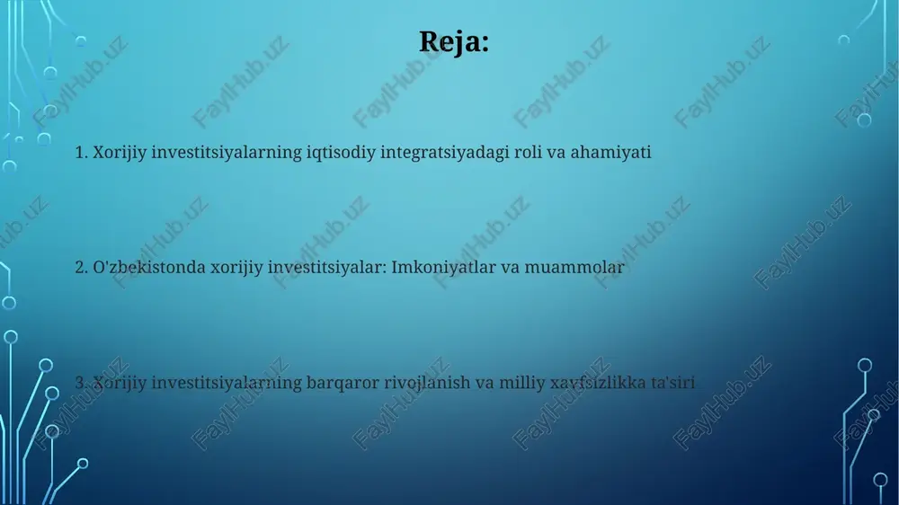 ishchi kuchini tayyorlash orqali bilvosita ish o'rinlari yaratishga ham hissa qo'shadi, bu esa mehnat unumdorligini oshiradi. xorijiy investitsiyalarning texnologiyalarni transferiga ta'siri xorijiy investitsiyalar, ayniqsa, to'g'ridan-to'g'ri investitsiyalar (tdi) ilg'or texnologiyalar va nou-xaularni olib keladi, mahalliy kompaniyalarning innovatsion salohiyatini oshiradi va samaradorlikni ta'minlaydi. transmilliy korporatsiyalar (tmk) xorijiy investitsiyalar orqali texnologiyalarni transfer qilishda muhim rol o'ynaydi, ular ilmiy-tadqiqot markazlari va ilg'or ishlab chiqarish usullarini joriy etadi. xorijiy investitsiyalarning infratuzilmaga ta'siri xorijiy investitsiyalar transport, energetika va telekommunikatsiya sohalaridagi zamonaviy infratuzilmani yaratishga yordam beradi, bu esa iqtisodiy o'sish uchun 10-15% imkoniyat yaratadi. xorijiy investitsiyalar yangi texnologiyalar va bilimlarni olib kirish orqali mavjud infratuzilmani modernizatsiya qilishga ko'maklashadi va uning samaradorligini 20-30% oshiradi. xorijiy investitsiyalarning raqobat muhitiga ta'siri xorijiy investitsiyalar yangi kompaniyalar va texnologiyalarni olib kirish orqali mahalliy bozorlarda raqobatbardoshlikni oshirishi, narxlarni pasaytirishi va mahsulotlar xilma-xilligini ko'paytirishi mumkin. chet el investitsiyalari mahalliy korxonalarni samaradorlikni oshirish, innovatsiyalarni joriy etish va global standartlarga javob beradigan mahsulotlarni ishlab chiqarishga undaydi, …
