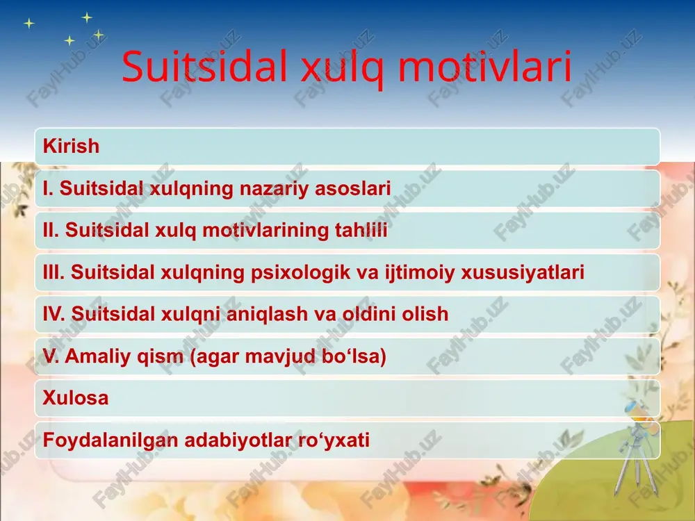 tatish uchun oxirgi vositadir. ruhiy azobning asosiy sabablari umidsizlik, rad etilish, yolg‘izlik, o‘zini qadrsiz his qilish bo‘lishi mumkin. shneidman suitsidal xulqni insonning og‘riqni yengish intilishi deb ko‘radi. aaron beckning kognitiv nazariyasi: beck suitsidga olib keluvchi kognitiv distorsiyalarni (xato tushunchalar) ta’kidlaydi. unga ko‘ra, depressiya va umidsizlik natijasida odam o‘zini va kelajakni salbiy tarzda qabul qiladi, bu esa suitsidal fikrlarning paydo bo‘lishiga olib keladi. suitsidga moyillik shaxsning o‘ziga, dunyoga va kelajakka bo‘lgan negativ qarashlari bilan bog‘liq. durkheymning ijtimoiy nazariyasi: emile durkheym suitsidni ijtimoiy hodisa sifatida ko‘rib chiqadi. u suitsidni ijtimoiy integratsiya va regulyatsiyaning buzilishi natijasi deb hisoblaydi. uchinchi tip suitsid - anomik suitsid - ijtimoiy normativ tizimlarning buzilishi yoki yo‘qligi sababli yuzaga keladi. biologik va nevrologik omillar suitsidal xulqning yuzaga kelishida biologik omillar ham muhim ahamiyatga ega. tadqiqotlar shuni ko‘rsatadiki, genetik moyillik, neyrotransmitterlar (serotonin va dopamin darajasining pasayishi), miyada ba’zi strukturaviy o‘zgarishlar suitsid xavfini oshiradi. masalan, serotoninning past darajasi odamning kayfiyatini buzishi …