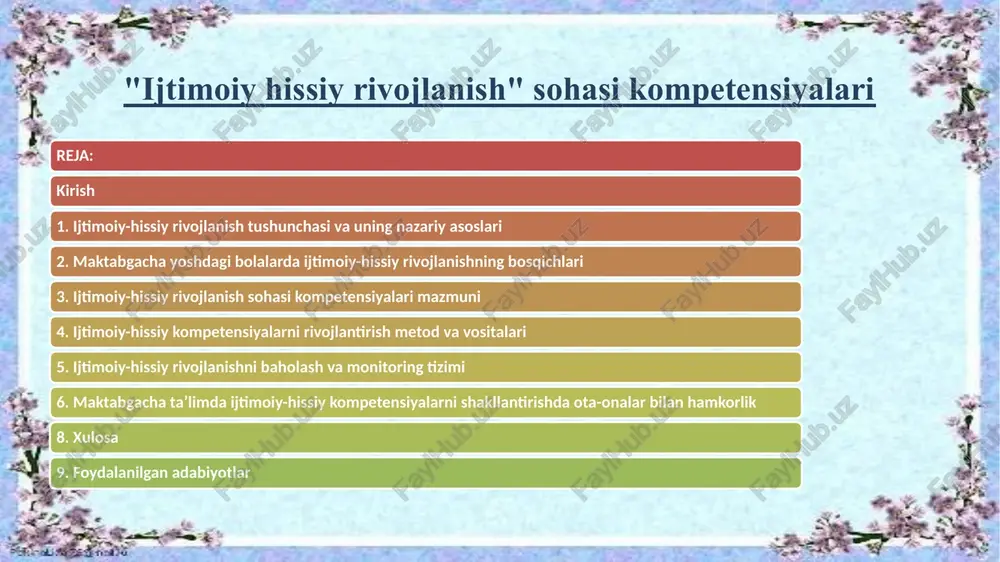uzviy bog‘liq bo‘lib, ular bir-birisiz to‘liq shakllanmaydi. maktabgacha yoshdagi bolalarda ijtimoiy-hissiy rivojlanishning bosqichlari maktabgacha yosh davri — bolaning shaxs sifatida shakllanishida eng muhim, poydevor bosqich hisoblanadi. aynan shu davrda bola o‘z his-tuyg‘ularini anglay boshlaydi, ijtimoiy muhitga moslashadi, atrofdagilar bilan munosabat o‘rnatish, o‘zini jamiyat a’zosi sifatida his etish ko‘nikmalarini egallaydi. shu sababli, maktabgacha yoshdagi ijtimoiy-hissiy rivojlanish bosqichlarini chuqur o‘rganish bola tarbiyasida muhim ahamiyat kasb etadi. ijtimoiy-hissiy rivojlanishning bosqichlari shaxs rivojlanishining umumiy qonuniyatlariga, ayniqsa, erik erikson, jan piaget, lev vigotskiy, d. goleman kabi psixologlarning nazariyalariga asoslanadi. bu bosqichlar orqali bola o‘z his-tuyg‘ularini anglash, boshqalar hislarini tushunish, muloqot madaniyatini egallash, o‘zini ijtimoiy vaziyatlarda to‘g‘ri tutish kabi kompetensiyalarni bosqichma-bosqich o‘zlashtiradi. go‘daklik davri (0–1 yosh) bu davrda bola hissiy rivojlanishning eng dastlabki bosqichida bo‘ladi. go‘dak atrofdagi odamlarning ovozi, yuz ifodalari, ohang va teginishlar orqali ijtimoiy aloqa o‘rnatishni o‘rganadi. u hali so‘zlashni bilmasa-da, hissiy aloqalar orqali o‘zini ifodalaydi — yig‘lash, kulish, qo‘l cho‘zish kabi harakatlar orqali …
