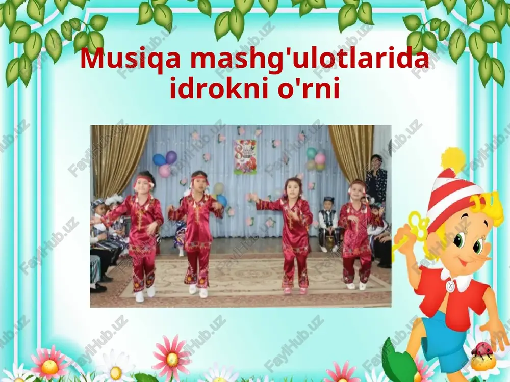 antirishda vosita bo‘lib xizmat qiladi. musiqa sohasida idrok orqali o‘quvchi nafaqat ovoz va ritmni eshitadi, balki musiqiy asarning tuzilishini, kayfiyatini, ohanglarini chuqur anglaydi. bu esa o‘z navbatida musiqani ijro etishda yoki yaratishda sifatli natijalarga erishish uchun asos bo‘ladi. shu bois musiqa mashg‘ulotlarida idrok jarayonini chuqur o‘rganish va uni samarali rivojlantirish pedagogik jihatdan juda muhimdir. musiqa faoliyatida idrokning ahamiyati musiqa idroki — bu musiqiy signallarni qabul qilish, ularni tushunish va o‘zaro bog‘lash jarayonidir. bu jarayon turli idrok shakllarini o‘z ichiga oladi: eshitish idroki, emotsional idrok, kognitiv idrok va boshqalar. musiqa mashg‘ulotlarida o‘quvchilar turli musiqiy elementlarni — ohanglar, ritmlar, tembrlar, temp va dinamikani idrok qilish orqali musiqa asarining strukturasi va mazmunini anglay boshlaydilar. bu esa musiqiy ijro mahoratini oshirishga yordam beradi. idrok orqali o‘quvchi musiqiy asar ichidagi nozikliklarni, masalan, ritmik nuanslar, melodiya chizig‘ining o‘ziga xosligi, harmoniya o‘zgarishlarini sezib, musiqa asarini to‘liqroq anglaydi. shu bilan birga, musiqiy idrok emotsional holatlarni anglash va ifodalash …