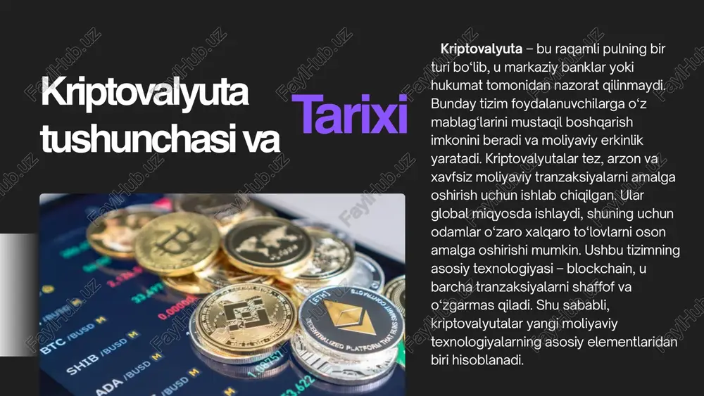 nlash edi. bitcoinning yaratilishi bilan kriptovalyutalar jamiyatda yangi moliya tushunchasini shakllantira boshladi. shu bilan birga, u blockchain texnologiyasini ommalashtirdi va boshqa kriptovalyutalar uchun asosiy platformaga aylandi. hozirgi kunda bitcoin nafaqat to‘lov vositasi, balki investitsiya va moliyaviy xavfsizlik vositasi sifatida ham keng qo‘llaniladi. kripto blockchain texnologiyasi blockchain – bu kriptovalyutalarning asosiy texnologiyasi bo‘lib, u bloklar zanjiridan tashkil topgan tizimdir. har bir blok oldingi blok bilan bog‘langan va undagi ma’lumotlarni o‘zgartirish deyarli imkonsizdir. shu sababli blockchain tranzaksiyalarni shaffof, xavfsiz va o‘zgarmas qiladi. bu texnologiya foydalanuvchilarga moliyaviy operatsiyalarni markaziy nazoratsiz amalga oshirish imkonini beradi. shuningdek, blockchain tizimi global miqyosda ishonchli ishlaydi, chunki har bir tranzaksiya foydalanuvchilar tomonidan tekshiriladi va tasdiqlanadi. kriptovalyutalar bu texnologiya orqali moliyaviy erkinlik va mustaqillikni ta’minlaydi, shuningdek, investitsiya va biznes imkoniyatlarini kengaytiradi. blockchainning qo‘llanilishi nafaqat moliya, balki boshqa sohalarda ham innovatsion yechimlarni yaratadi. texnologiya va xavfsizlik kriptovalyutalar blockchain texnologiyasiga asoslangan bo‘lib, har bir tranzaksiya shaffof va o‘zgarmas bo‘ladi. elektron pul …