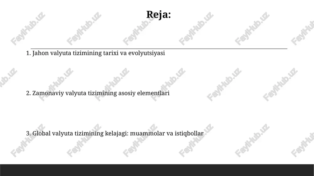 likni ta'minlashda muhim rol o'ynaydi, a'zo davlatlarga to'lov balansidagi qiyinchiliklarni hal qilish uchun moliyaviy yordam ko'rsatadi, shuningdek, texnik ko'mak beradi. xvj a'zo davlatlarning iqtisodiy siyosatini nazorat qiladi, 190 ta davlatni qamrab olgan holda, valyuta kurslari va makroiqtisodiy siyosat bo'yicha maslahatlar beradi va tavsiyalar ishlab chiqadi. jahon banki: maqsadi va faoliyati jahon banki 1944-yilda tashkil etilgan bo'lib, asosiy maqsadi a'zo davlatlarga kambag'allikni kamaytirish va umumiy farovonlikni oshirish uchun past foizli kreditlar va grantlar berishdir. jahon banki turli sohalarda, jumladan, infratuzilma loyihalari (transport, energetika), ta'lim, sog'liqni saqlash va qishloq xo'jaligini rivojlantirishga yo'naltirilgan loyihalarni moliyalashtiradi. mintaqaviy valyuta kelishuvlari: integratsiya va hamkorlik yevropa valyuta mexanizmi (evm) kabi mintaqaviy kelishuvlar 1979-yilda valyuta barqarorligini ta'minlash va yevropa integratsiyasini kuchaytirish maqsadida yaratilgan bo'lib, yevro hududining shakllanishiga olib keldi. afrika valyuta zonalari, masalan, g'arbiy afrika iqtisodiy va valyuta ittifoqi (waemu), 8 ta davlat o'rtasida cfa frankini birlashtirib, savdoni rag'batlantirish va iqtisodiy integratsiyani kuchaytirishga intiladi. global moliyaviy inqirozlar: saboqlari …