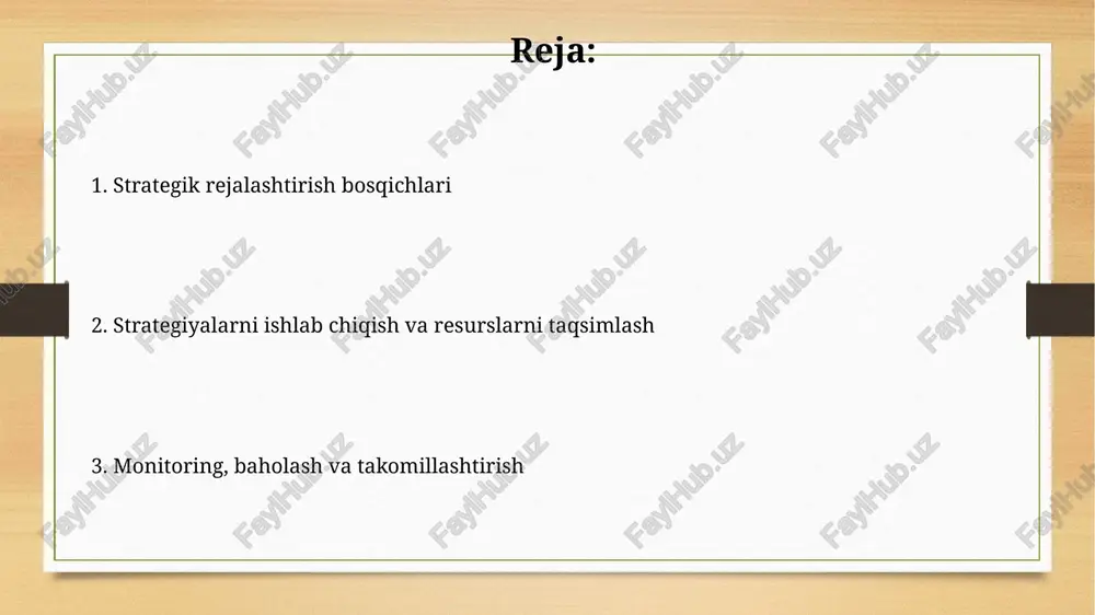 alarga 80% resurslar ajratiladi, shu bilan samaradorlik oshiriladi. budjetlash muhim: logistika bo'limlari uchun aniq moliyaviy rejalarni tuzish, har bir xarajat bandi bo'yicha limitlarni belgilash va nazoratni ta'minlash kerak. amalga oshirish rejalari amalga oshirish rejalari aniq vazifalar, muddatlar (masalan, 1-chorak, 2024-yil), mas'ul shaxslar va resurslarni belgilaydi, har bir strategik tashabbusning muvaffaqiyatli yakunlanishini ta'minlash uchun. ushbu rejalarda kpi (asosiy ko'rsatkichlar) aniqlanadi, masalan, yetkazib berish vaqtlari 15% ga qisqarishi, xarajatlarni 10% ga kamaytirish maqsad qilinadi, bu natijalarni o'lchash imkonini beradi. monitoring va baholash monitoring va baholash asosiy kpi (kalit performance indicators)ni doimiy kuzatib boradi, bu jarayon logistika operatsiyalarining samaradorligini aniqlash uchun muhim ahamiyatga ega. baholash bosqichi, odatda, choraklik yoki yillik hisobotlar bilan yakunlanadi, bu esa strategik maqsadlarga erishish darajasini aniq ko'rsatib beradi hamda kerakli tuzatishlar kiritishga yordam beradi. e'tiboringiz uchun rahmat image7.jpg image8.jpg image9.jpg image10.jpg image11.jpg image12.jpg image13.jpg image3.png image4.png
