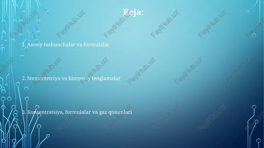 n = m / m. masalan, 36 gramm suvning mollar soni 36 g / 18.015 g/mol = 2 mol. kimyoviy formulalar va nomenklatura kimyoviy formulalar elementlarning nisbatini ko'rsatadi, masalan, suv h₂o ikkita vodorod atomiga bitta kislorod atomi borligini anglatadi. nomenklatura, masalan, ion birikmalarida metall birinchi, so'ngra nonmetal keladi, nacl natriy xlorid deb nomlanadi. molekulyar formulalar molekuladagi atomlarning haqiqiy sonini ko'rsatadi, masalan, glukoza c₆h₁₂o₆ tarkibida 6 uglerod atomi mavjud. kimyoviy tenglamalar va stoxiometriya hisoblari stoxiometrik hisoblar yordamida reaktivlardan biri tugaganida, qolgan reaktivning miqdori va hosil bo'lgan mahsulotning nazariy rentabelligini aniqlash mumkin, bu esa chegaralovchi reaktivni aniqlash imkonini beradi. kimyoviy tenglamalardagi stoxiometrik koeffitsientlar reaktivlar va mahsulotlarning mol nisbatlarini ifodalaydi, masalan, 2h₂ + o₂ → 2h₂o tenglamasida 2 mol vodorod 1 mol kislorod bilan reaksiyaga kirishadi. mahsulotning haqiqiy rentabelligi nazariy rentabelligidan har doim ham past bo'lmasligi mumkin, chunki nojo'ya reaksiyalar yoki eksperimental yo'qotishlar tufayli, shuning uchun foiz rentabelligi haqiqiy rentabelligi nazariyga bo'linib 100 …