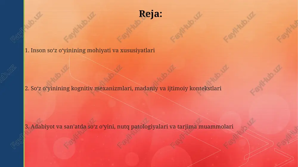 ydi, bu yerda ijtimoiy sinflar o'rtasidagi farqlar, madaniy normalarni satiraga solish usuli sifatida xizmat qiladi, auditoriyani jalb qilib, muhim masalalarni yoritadi. har bir madaniyatda 7 ta asosiy hajviylik usuli mavjud bo'lib, ularning ayrimlari hazillashish yoki tahqirlash bilan bog'liq bo'lsa, boshqalari muammoli mavzularni yaratish uchun ishlatiladi, bu esa ijtimoiy bahslarni keltirib chiqaradi. madaniy tabu mavzulariga taalluqli wordplay shakllari 22-sonli qonunga binoan bahsli hisoblanadi, bu esa ma'lum bir jamiyatning axloqiy chegaralarini buzishi mumkin, bu ko'pincha ommaviy norozilikka olib keladi. adabiyot va san'atda qo'llanilishi san'atda, ayniqsa, reklama va vizual she'riyatda, so'z o'yini e'tiborni jalb qilish va xabarni kuchaytirish uchun ishlatiladi, bu ko'pincha 2-ma'noni yaratadi. adabiyotda so'z o'yini komediya, satira va tragikomediya kabi janrlarni boyitadi, masalan, 17-asr pyesalarida hazil va ijtimoiy tanqid uchun foydalanilgan. so'z o'yini syurrealizm va dadaizm kabi oqimlarda asosiy vosita bo'lib, ma'noni buzish va 1916-yildan boshlab an'anaviy san'at tushunchalariga qarshi chiqish uchun qo'llanilgan. nutq patologiyalari bilan bog'liqligi shizofreniya kabi ruhiy kasalliklar …