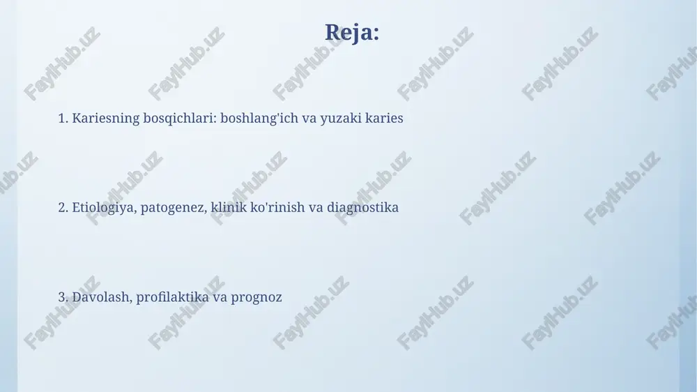 shirilganda emal sirtida defekt yoʻq; yuzaki kariesda esa defekt bor va u ham boʻyalishi mumkin. boshlangʻich kariesni davolash usullari boshlang'ich kariesni davolashda remineralizatsiya qiluvchi terapiya qo'llaniladi, bunda 2-3 hafta davomida tarkibida 2% natriy ftorid bo'lgan lak yoki gel ishlatiladi. bu emalning mustahkamlanishiga yordam beradi. dog' bosqichidagi kariesni davolash uchun 10% kaltsiy glyukonat eritmasi bilan elektroforez usuli qo'llaniladi. bu ionlarning emalga chuqur kirib borishiga va remineralizatsiyaga yordam beradi, natijada mustahkamlik oshadi. yuzaki kariesni davolash usullari yuzaki kariesni davolashda remineralizatsiya qiluvchi terapiya qo'llaniladi, bunda 2-3% natriy ftorid eritmasi yoki kaltsiy glyukonat applikatsiyalari tish emalining mustahkamligini oshirish uchun ishlatiladi. yuzaki kariesda minimal invaziv davolash usuli – bu 'air abrasion' texnologiyasi bo'lib, bunda tishning zararlangan qismi yuqori bosimli havo va abraziv zarrachalar aralashmasi bilan olib tashlanadi. kariesning oldini olish (profilaktika) va prognozi karies profilaktikasida ertalab va kechqurun 2 daqiqa davomida ftoridli tish pastasi bilan tishlarni tozalash, shuningdek, tish ipidan foydalanish muhim hisoblanadi. karies prognozi …