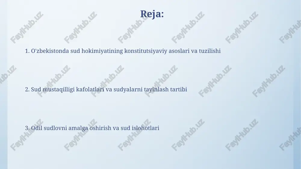 amal qiladi, bunda har bir taraf o'z dalillarini taqdim etadi va ularning asosliligini isbotlaydi, sud esa ularni xolis baholaydi. o'zbekistonda odil sudlovni amalga oshirish bosqichlari birinchi instansiya, apellyatsiya va kassatsiya instansiyalarini o'z ichiga oladi, bu esa qarorlarga e'tiroz bildirish imkoniyatini ta'minlaydi. sud qarorlarining ijrosi sud qarorlari ijrosi fuqarolik protsessual kodeksining 331-moddasiga muvofiq amalga oshiriladi, bunda qaror ijro varaqasi asosida majburiy ijro etiladi. sud qarorlari ijrosini ta'minlash uchun sud ijrochilari xizmati mavjud bo'lib, ularning vazifasi qarorlarni o'zbekiston respublikasi qonunlari asosida ta'minlashdir. sud hokimiyatining boshqa hokimiyat tarmoqlari bilan munosabatlari sud hokimiyati o'zbekistonda qonun chiqaruvchi hokimiyat bilan qonunlarga muvofiqlikni ta'minlash orqali munosabatda bo'ladi, bu esa konstitutsiyaning 125-moddasida belgilangan oliy sudning rolini aks ettiradi. ijro hokimiyati bilan munosabatlar sud qarorlarining ijrosi orqali amalga oshiriladi; sud ijrochilari sud hujjatlarini amalda bajarish uchun mas'uldirlar, bu esa 2001-yilgi 12-moddada aks etgan. sud tizimidagi islohotlar 2017-2021 yillarda sud-huquq sohasida tub islohotlar amalga oshirilib, 160 dan ortiq normativ-huquqiy hujjatlar …