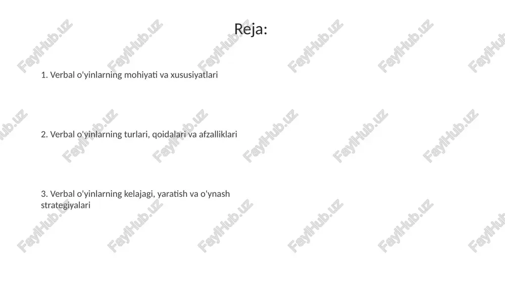 0 dan ortiq muhim ijtimoiy ko'nikmalarni, masalan, hamkorlik, muzokara va empatiyani rivojlantiradi. ta'limda verbal o'yinlar 75% gacha bolalarning diqqatini jamlash qobiliyatini yaxshilaydi va mantiqiy fikrlash ko'nikmalarini 25% ga oshiradi, deb ishoniladi. mashhur misollar, yaratish va o'ynash strategiyalari mashhur misol: '20 savol' o'yini, unda o'yinchi savollar berish orqali narsani aniqlashga harakat qiladi, bu deduktiv fikrlashni rivojlantiradi. yaratish strategiyasi: qoidalarni sodda saqlang, lekin cheklovlar qo'ying (masalan, har bir so'zning maksimal uzunligi 7 harfdan iborat), bu ijodkorlikni rag'batlantiradi. texnologik integratsiya va kelajakdagi tendensiyalar vr/ar texnologiyalari verbal o'yinlar uchun immersiv muhitni yaratadi, masalan, 3d formatda 20 savoldan iborat o'yinlar. bu 3-o'lchamli xarakter bilan o'zaro aloqada bo'lish imkonini beradi. nutq o'yinlari, ai yordamida, real vaqt rejimida tillarni tahlil qilish va moslashtirish imkoniyatini yaratadi. bu 2-o'yinchiga moslashgan qiyinchilik darajasini ta'minlash uchun ishlatilishi mumkin. e'tiboringiz uchun rahmat image3.jpg image4.jpg image5.jpg image6.jpg image7.jpg image8.jpg image9.jpg image1.jpeg image2.jpeg