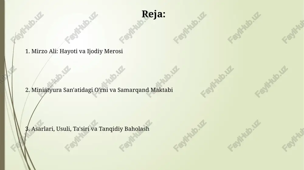 plab san'atkorlar bu yerda jamlangan. usuli va texnikasi mirzo alining uslubi nozik chiziqlar va yorqin ranglarning 24 karatli oltin zarhallar bilan uyg'unlashuviga asoslangan bo'lib, bu uning asarlariga hashamat bag'ishlagan. u mo'ljallarni aniq chizishda qalamni mahorat bilan ishlatgan va ranglarni bir necha qatlamda qo'llagan, bu esa tasvirlarga chuqurlik va hajm bergan 12 bosqichli jarayon edi. merosi, ta'siri va baholanishi mirzo alining merosi fors miniatura san'atining rivojlanishiga sezilarli ta'sir ko'rsatdi, xususan, uning xususiy rang palitrasi va kompozitsion yechimlari xvi asrda keng tarqaldi. uning uslubi, ayniqsa, 'shohnoma'ning 1530-yillardagi nusxasida namoyon bo'lgan, ko'plab rassomlar tomonidan taqlid qilindi, bu esa uning ijodiy yondashuvining yuqori bahosiga dalolat beradi. e'tiboringiz uchun rahmat image1.jpg image2.jpg image3.jpg image4.jpg image5.jpg image6.jpg image7.jpg