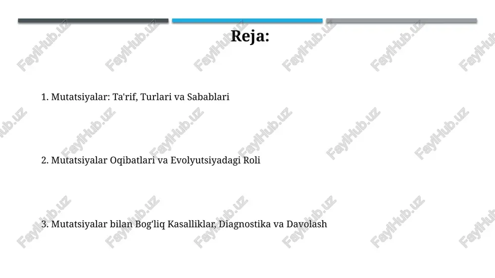 bo'lib, ba'zi fiziologik afzalliklarni beradi. spontan mutatsiya sabablari spontan mutatsiyalar replikatsiya jarayonidagi xatolar tufayli yuzaga kelishi mumkin, masalan dnk polimeraza 10^9 asosiy juftlikka bitta xato qilishi mumkin, bu esa asosiy juftlikning noto'g'ri birikishiga olib keladi. dnkning tabiiy buzilishi, masalan, depurinatsiya (taxminan 10^4 purin asoslari hujayradan kuniga yo'qoladi) va deaminatsiya (sitozin uratsilga aylanadi), mutatsiyalarga olib kelishi mumkin, agar ularni tiklash mexanizmlari bartaraf eta olmasa. induktsiyalangan mutatsiya sabablari ba'zi kimyoviy moddalar, masalan, 5-bromouratsil va etil metansulfonat (ems), dnk bazalarining noto'g'ri birikishiga olib kelishi mumkin bo'lgan dnkga integratsiyalash orqali mutatsiyalarni keltirib chiqaradi. ionlashtiruvchi nurlanish, masalan, rentgen nurlari va gamma nurlari, dnk molekulasida bevosita sinishlarni keltirib chiqarishi mumkin, bu esa xromosoma aberratsiyalari va mutatsiyalarga olib keladi. mutatsiyaning foydali oqibatlari ba'zi mutatsiyalar organizmlarga yangi muhitlarga moslashishga yordam beradi. misol uchun, 1980-yillarda moslashuvchan mutatsiya bakteriyalarga yangi neylon tarkibli mahsulotlarni parchalash imkonini berdi. mutatsiyalar o'simliklar va mikroorganizmlar uchun qishloq xo'jaligi jihatidan foydali bo'lishi mumkin. masalan, o'simliklarda hosildorlikni …