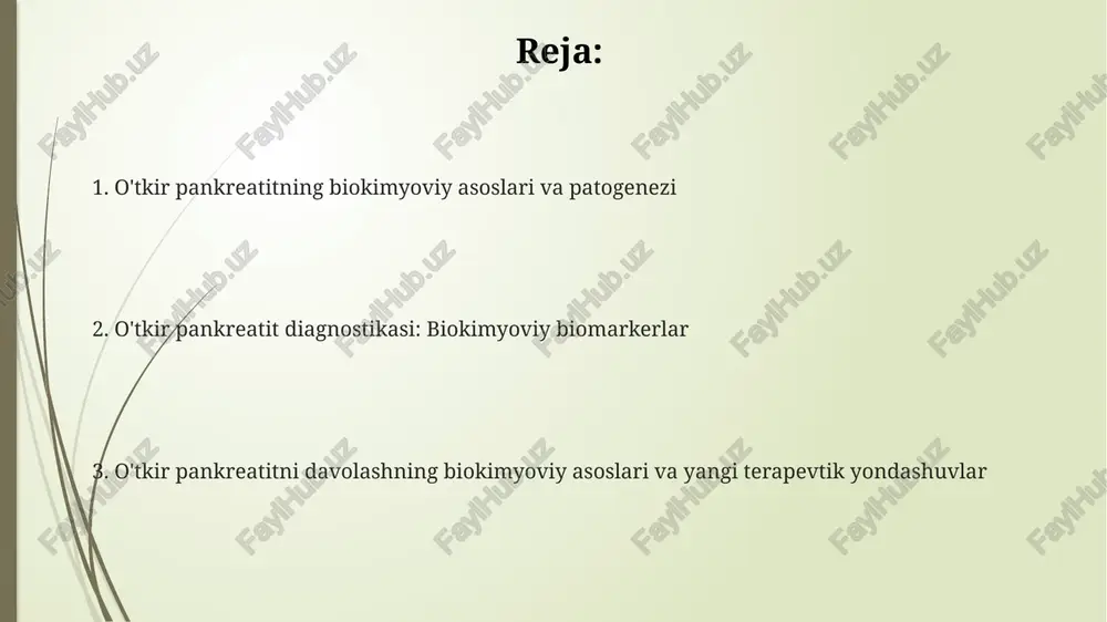 hiradi. yallig'lanish mediatorlari, masalan, prostaglandinlar va leykotrienlar, o'tkir pankreatitda qon tomirlar o'tkazuvchanligini oshiradi, shish paydo qiladi va yallig'lanishni kuchaytiradi. sitokinlar, jumladan il-6 va tnf-alfa, o'tkir pankreatitda immunitet hujayralarini faollashtiradi, yallig'lanishni kuchaytiradi va tizimli asoratlarni keltirib chiqarishi mumkin. etiologik omillar va genetik moyillik o't tosh kasalligi pankreatitning 40% dan 70% gacha holatlariga sabab bo'ladi, bunda o't yo'llaridan o'tgan toshlar vater so'rg'ichini to'sib, pankreatik suyuqlikning oqishiga xalaqit beradi. genetik moyillik o'tkir pankreatitning 10% gacha holatlarida rol o'ynaydi, prss1, spink1, ctrc va cftr kabi genlardagi mutatsiyalar kasallik xavfini oshiradi. alkogol iste'moli o'tkir pankreatitning 25% dan 35% gacha holatlariga sabab bo'ladi, u pankreatik hujayralarga bevosita toksik ta'sir ko'rsatib, erta ferment faollashuvini keltirib chiqaradi. diagnostik biomarkerlar va kasallikning og'irligini baholash qon zardobidagi tripsinogen-2 ning ko'payishi o'tkir pankreatitning erta bosqichlarida yuqori sezuvchanlikka ega va erta tashxis qo'yish uchun foydali bo'lishi mumkin. amilaza va lipaza pankreatit diagnostikasida keng qo'llaniladi, lekin 24-72 soat ichida normaga qaytishi mumkin, shuning …