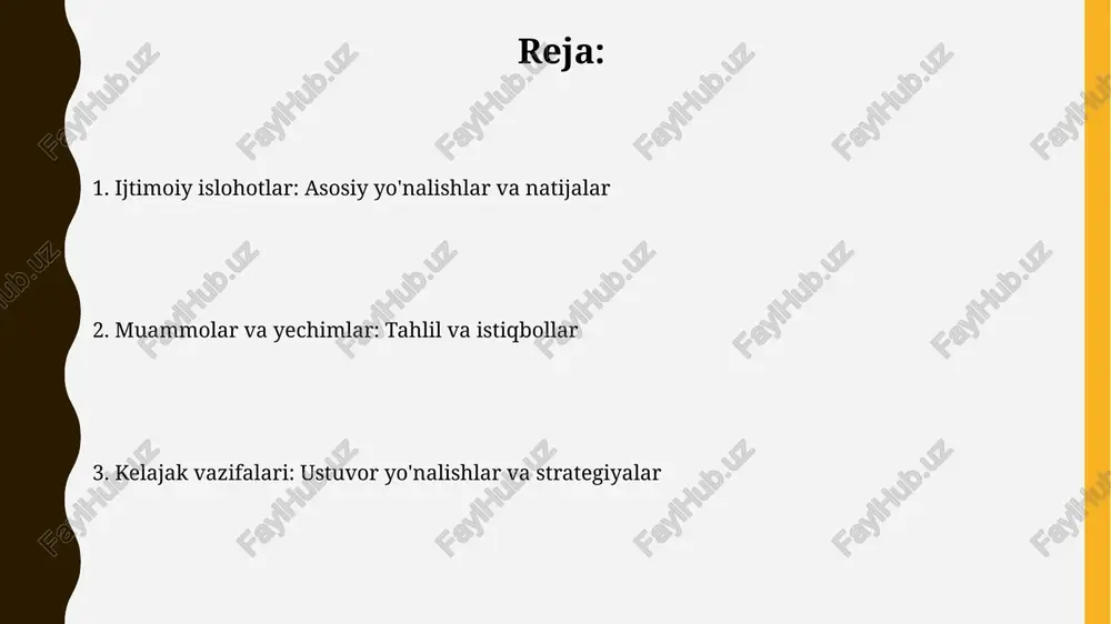 ildan boshlab "har bir oila – tadbirkor" dasturi doirasida 1 trillion so'mdan ortiq imtiyozli kreditlar ajratilib, 500 mingdan ziyod yangi ish o'rinlari yaratildi. kambag'allikni qisqartirish maqsadida 2020-yilda "ijtimoiy himoya yagona reyestri" joriy etilib, 1,2 milliondan ortiq kam ta'minlangan oilalarga moddiy yordam ko'rsatildi. madaniyat, san'at va ijtimoiy infratuzilmani rivojlantirish 2017-yildan boshlab 100 dan ortiq yangi madaniyat va san'at muassasalari tashkil etildi, jumladan, teatrlar, muzeylar va madaniyat markazlari, sohani rivojlantirish uchun katta investitsiyalar jalb qilindi. ijtimoiy infratuzilmani yaxshilash maqsadida 2023-yilga qadar 500 dan ortiq yangi maktablar, kasalxonalar va boshqa ijtimoiy obyektlar qurildi yoki rekonstruksiya qilindi. erishilgan natijalar, muammolar va kelajak vazifalari kambag'allikni qisqartirishda sezilarli natijalarga erishildi, lekin 2023-yilga kelib 11 foizdan kamroq aholi kambag'allikda yashaydi. kelajak vazifasi - ayniqsa, qishloq joylarda bu ko'rsatkichni yanada kamaytirish. ta'lim sohasida 2023-yilda maktabgacha ta'lim qamrovi 70 foizga yetdi, ammo sifatni oshirish dolzarbligicha qolmoqda. kelgusi vazifa - zamonaviy o'quv dasturlarini joriy etish va o'qituvchilar malakasini oshirish. e'tiboringiz …