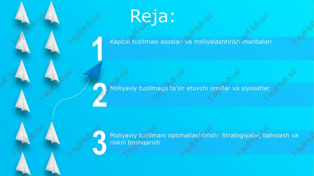 saqlab qolishi kerak. makroiqtisodiy omillar va sanoatning xususiyatlarining ta'siri sanoatning o'ziga xosligi, masalan, yuqori texnologiyali sektorning tez o'sishi, yuqori r&d xarajatlari bilan bog'liq kapital tuzilmasiga 70% investitsiya kiritishni talab qilishi mumkin. makroiqtisodiy omillar, inflyatsiya darajasi 8% bo'lganda, kompaniyalar qarzni kamaytirishga va kapitalni saqlashga intiladi, chunki qarzning real qiymati o'sadi. moliyaviy tuzilmani optimallashtirish strategiyalari va amaliy misollar start moliyaviy tuzilmani optimallashtirish uchun dividend siyosatini qayta ko'rib chiqish va aktsiyalarni qaytarib sotib olish, kapital qiymatini 10% ga kamaytirish orqali investitsiya imkoniyatlarini oshirish mumkin. qarz va aktsiyalar o'rtasidagi muvozanatni saqlash orqali moliyaviy leverajni maqbullashtirish, masalan, 60/40 nisbat, wacc ni kamaytirish va soliq imtiyozlaridan foydalanishga yordam beradi. e'tiboringiz uchun rahmat image5.jpg image6.jpg image7.jpg image8.jpg image9.jpg image10.jpg image1.jpeg image2.jpeg image3.jpeg image4.jpeg
