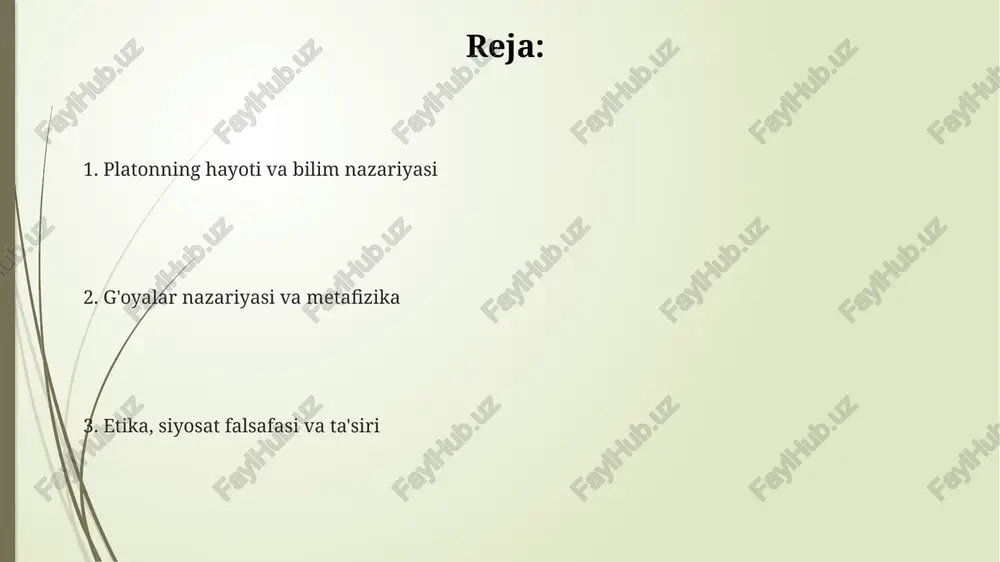 hilar mavjud bo'lib, har biri o'ziga xos vazifalarini bajaradi. platonning etikasida 'yaxshi' g'oyasi oliy maqsad bo'lib, unga erishish aql, jasorat va o'zini tutishning 4 asosiy fazilatlari orqali amalga oshiriladi. platon siyosat falsafasida demokratiyani ko'pchilikning hukmronligi sifatida tanqid qiladi, chunki u 'bilimsizlar' tomonidan boshqariladi va natijada xaos va adolatsizlikka olib keladi. platonning ta'siri va tanqidi platonning ideal davlat konsepsiyasi, ayniqsa "respublika" asarida, utopik fikrlash va siyosiy nazariya uchun asos bo'ldi, ammo 20-asrda karl popper tomonidan totalitarizmga asos bo'lishi tanqid qilindi. platonning ta'siri g'arb tafakkurida chuqur bo'lib, xristian ilohiyoti va o'rta asr falsafasini shakllantirdi, ayniqsa avgustinning asarlarida yaqqol ko'rinadi, 13-asrda esa aristotelning ta'siri kuchaydi. platonning "g'oyalar nazariyasi" empiristlar tomonidan, xususan, o'z tajribasiga asoslangan bilimlarga e'tibor qaratgan 18-asrda asosiy tanqidga uchradi, bunday tanqidlar, ayniqsa, jon lokk tomonidan ko'tarilgan. e'tiboringiz uchun rahmat