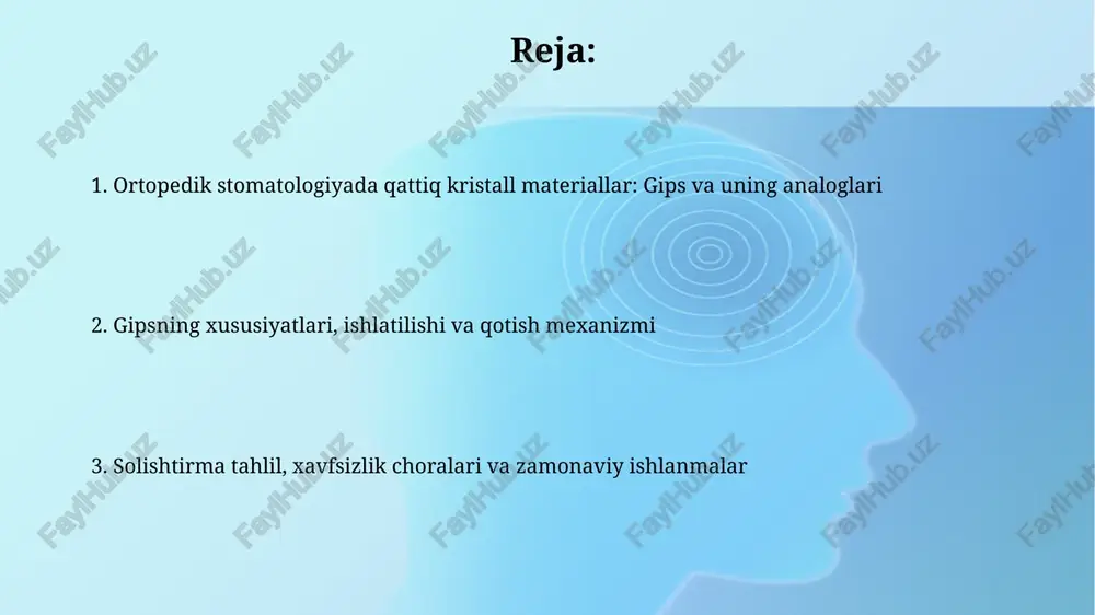 tall materiallar: sink oksidi-eugenol va boshqalar sink oksidi-eugenol (zoe) tsementlari erta stomatologiyada keng qo'llanilgan, ammo ularning past mustahkamligi (odatda 35-55 mpa) va eruvchanligi ularni vaqtinchalik foydalanishga moslashtiradi. sink oksidi-eugenolning modifikatsiyalari, masalan, polimer bilan mustahkamlangan formulalar, mustahkamlikni oshirishga harakat qiladi, natijada siqilish kuchi 70-100 mpa gacha ko'tariladi va klinik xizmat muddatini uzaytiradi. gips va boshqa materiallarning solishtirma tahlili gipsning arzonligi va ishlov berish osonligi uni ideal qiladi, lekin sink oksidli evgenol kabi materiallar aniq tafsilotlarni taklif qiladi, 5-10 mikron aniqlikdagi yuzalarni shakllantirish imkonini beradi. polimerlar yuqori mustahkamlikni ko'rsatadi (masalan, 20-30 mpa bosimga chidamlilik), gips esa kamroq (5-15 mpa), bu katta o'lchamli protezlarda materiallarni tanlashda muhim ahamiyatga ega. sifat nazorati, standartlar, saqlash va xavfsizlik choralari gipsni saqlashda namlik 70% dan oshmasligi kerak, aks holda uning qotish vaqti 2-3 daqiqaga o'zgarishi mumkin, sifat nazoratida esa qadoqlash sanasi va seriya raqami tekshiriladi. gipsning sifatini nazorat qilishda gost 128.1-2008 standartiga muvofiq bosimga chidamlilik sinovi o'tkaziladi; …