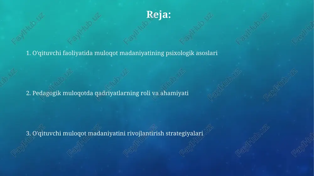 tlari, jumladan, temperament, xarakter va erta bolalikdagi 1-muloqot tajribasi 2-muloqot madaniyatini shakllantiradi. pedagogik mahorat darajasi, jumladan, 3-psixologik bilimlarning yetarliligi va 4-metodik tayyorgarlik o'qituvchi muloqotining uslubiga bevosita ta'sir etadi. muloqot madaniyatini rivojlantirish orqali ta'lim samaradorligini oshirish o'qituvchi va o'quvchi o'rtasidagi konstruktiv muloqot, xususan, faol tinglash va empatiya 25% gacha o'quv natijalarini yaxshilaydi, chunki u ishonchli muhitni shakllantiradi. muloqot madaniyatini rivojlantirish orqali o'qituvchilarning individual ta'lim strategiyalari 15% ga samaraliroq bo'ladi, chunki har bir o'quvchining ehtiyojlari aniqroq aniqlanadi. e'tiboringiz uchun rahmat image3.png image4.jpg image5.jpg image6.jpg image7.jpg image8.jpg image9.jpg