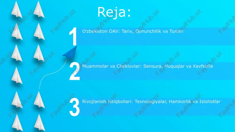 liyalashtirishning muhim manbai hisoblanadi. ommaviy axborot vositalari asosan reklama daromadlari, davlat subsidiyalari va xususiy investitsiyalar orqali moliyalashtiriladi. 2023-yil holatiga ko'ra, reklama bozori 20% ga o'sgan, biroq davlat subsidiyalari shaffoflik masalalari bilan bog'liq. raqamli texnologiyalar, internet va ijtimoiy tarmoqlarning taʼsiri 2010-yillardan boshlab internetning keng tarqalishi oavning an’anaviy modellari (bosma nashrlar) uchun katta qiyinchilik tug’dirdi, bu esa raqamli platformalarga o’tishni talab etdi. ijtimoiy tarmoqlar 2023-yilga kelib yangiliklarni olishning asosiy manbaiga aylandi, lekin dezinformatsiya tarqalishi va axborot xavfsizligi muammolarini keltirib chiqardi. axborot xavfsizligi, dezinformatsiya va global integratsiya start oʻzbekistonda axborot xavfsizligi 2020-yildan boshlab dezinformatsiyaga qarshi kurashish boʻyicha qonunlar bilan tartibga solinadi, bu esa 15 dan ortiq veb-saytlarni bloklashga olib keldi. global integratsiya oʻzbekiston ommaviy axborot vositalarining xalqaro axborot agentliklari bilan hamkorligini kuchaytirishni talab etadi, 2023-yilga kelib 5 ta qoʻshma loyiha amalga oshirilmoqda. ommaviy axborot vositalarining jamiyatdagi roli, muammolar va istiqbollar oav jamiyatdagi roli: fuqarolarni xolis axborot bilan taʼminlash, 2023 yilgi oʻzgarishlar bilan bogʻliq …