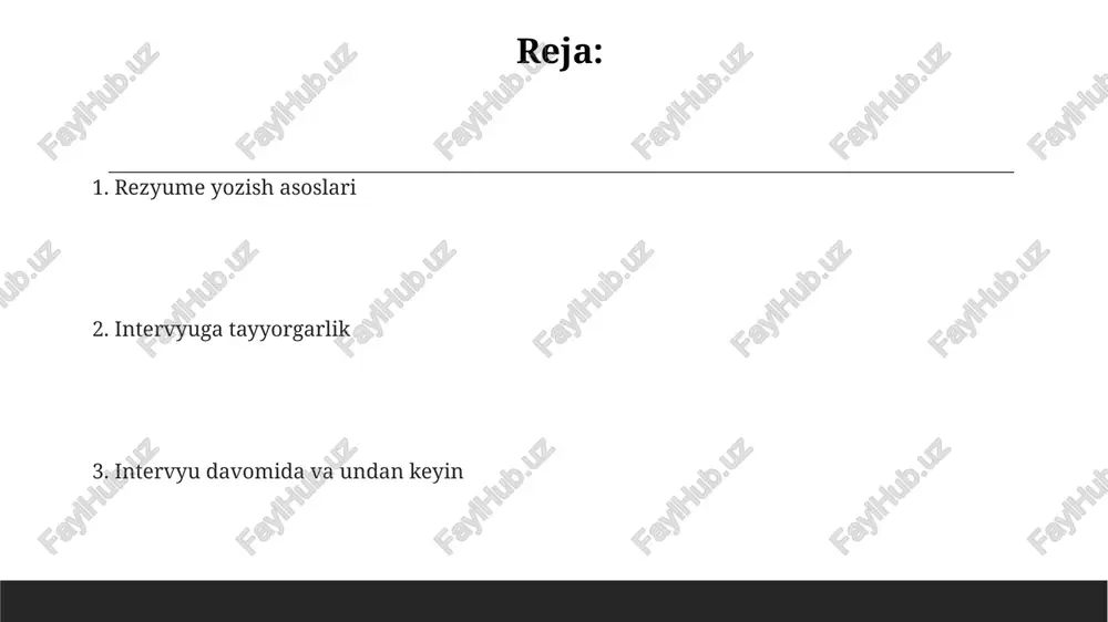 yoki professional proofreaderdan foydalaning, chunki xatolar professionalizmga putur yetkazadi. ma'lumotlarni noto'g'ri taqdim etishdan saqlaning: tajribangizni 10 yillikdan ortiq muddatga cho'zish, darajalarni oshirib ko'rsatish kabi noto'g'ri ma'lumotlar intervyu jarayonida fosh bo'lishi mumkin. cv formatini tanlashda, ish beruvchining talablariga mos keladigan ats (applicant tracking system) tizimlariga mos formatni tanlang. aks holda, sizning cv'ingiz ko'rib chiqilmasligi mumkin. intervyuga tayyorgarlik: tadqiqot lavozimning talablarini aniqlang: lavozim tavsifini tahlil qiling va sizning 5-7 ta asosiy ko'nikmalaringiz ularning ehtiyojlariga qanday mos kelishini ko'rsating. kompaniya haqida chuqur tadqiqot o'tkazing: ularning moliyaviy ko'rsatkichlari, bozor ulushi va so'nggi 3-5 yildagi o'sish sur'atlari haqida ma'lumot to'plang. intervyu oluvchi haqida ma'lumot izlang: linkedin kabi professional tarmoqlarda ularning tajribasi, lavozimi va kompaniya bilan bog'liqligi haqida 2-3 ta faktni aniqlang. intervyu savollariga javob berish strategiyalari car (context, action, result) usulini qo'llang: vaziyatni ta'riflang, qanday harakat qilganingizni tushuntiring va keyin 3-bosqichda natijani taqdim eting. star usulidan foydalaning: vaziyat, vazifa, harakat va natija. bu sizning javoblaringizni …