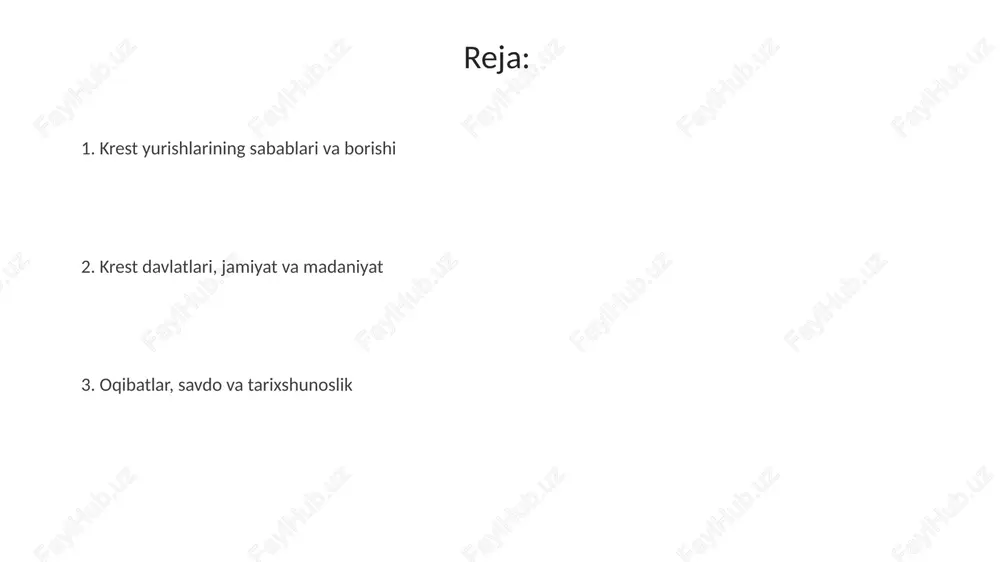 u esa 1453-yilda usmonlilar tomonidan uning qulashiga olib keldi. salb yurishlari savdo yo'llarini, ayniqsa, italiya shaharlari uchun ochib berdi va yaqin sharq bilan yevropa o'rtasida yangi iqtisodiy munosabatlarga olib keldi. savdo, madaniy almashinuv va harbiy texnologiyalar savdo sharq va g'arb o'rtasida sezilarli darajada kengaydi, italyan dengiz respublikalari kabi shaharlar levantda savdo nuqtalarini tashkil qildi va yangi mahsulotlarni taqdim etdi. salbchilar musulmon dunyosidan ilmiy bilimlarni, xususan, tibbiyot, matematika va astronomiya sohalarida qabul qildilar, bu esa yevropada intellektual yuksalishga yordam berdi. e'tiboringiz uchun rahmat image3.jpg image4.jpg image5.jpg image6.jpg image7.jpg image8.jpg image1.jpeg image2.jpeg