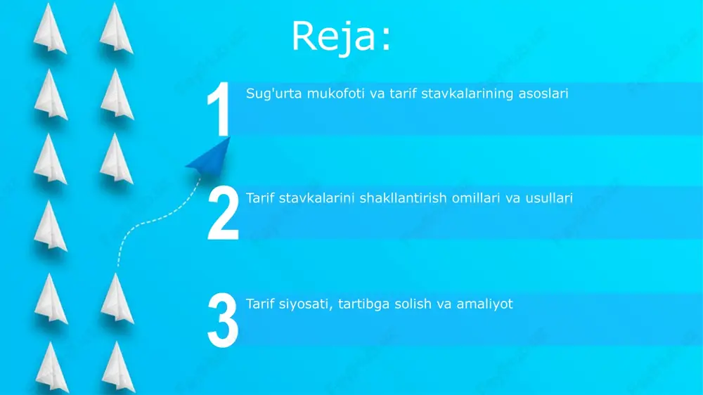 lanadi, masalan, o'lim darajasi yoki nogironlik ehtimoli 10 yillik muddatda. aktuar hisob-kitoblar sug'urta kompaniyalariga optimal tariflarni aniqlashga yordam beradi, xarajatlarni qoplash va 5% foyda olish imkoniyatini ta'minlaydi, xavfni to'g'ri baholash orqali. sug'urta turlariga ko'ra tarif stavkalari start hayot sug'urtasida tarif stavkalari odatda o'lim ehtimoli, foiz stavkalari va ma'muriy xarajatlarni hisobga olgan holda belgilanadi, bunda 1000 so'mlik sug'urta uchun xarajatlar ko'rsatiladi. avtomobil sug'urtasi tariflari haydovchining tajribasi, avtomobil modeli, hudud va sug'urta qoplamining turlariga qarab o'zgaradi. masalan, 'kasko' uchun tariflar yuqori bo'lishi mumkin. qonunchilik va tartibga solish sug'urta faoliyatini tartibga soluvchi qonunchilik, masalan, 2002-yilgi "sug'urta faoliyati to'g'risida"gi qonun tarif stavkalarini belgilashda muhim rol o'ynaydi va ularni nazorat qiladi. tartibga soluvchi organlar, jumladan, moliya vazirligi, sug'urta kompaniyalari tomonidan taqdim etilgan tariflarni tasdiqlash yoki rad etish huquqiga ega bo'lib, adolatli narxlarni ta'minlaydi. bozor sharoitlari va raqobat raqobat bozorida sug'urta kompaniyalari bozorda o'z ulushini saqlab qolish uchun tariflarni pastroq o'rnatishga harakat qiladi, bu esa o'rtacha …