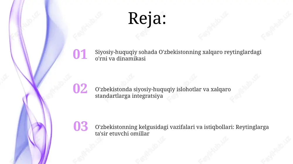 loh qilish – xolislikni, shaffoflikni va javobgarlikni ta’minlash, mustaqil sud hokimiyatini yaratish, bu esa davlatning reytingini oshirishda muhim omildir. o'zbekistonda inson huquqlari va demokratik institutlarni rivojlantirish so'nggi yillarda o'zbekistonda fuqarolik jamiyati institutlari soni 20% ga oshdi, bu esa nodavlat notijorat tashkilotlarining faolroq ishtirok etishiga imkon yaratdi. o'zbekiston 2021-yilda inson huquqlari bo'yicha milliy strategiyani qabul qildi, bu sohada davlat siyosatini 2025-yilgacha belgilaydi va asosiy yo'nalishlarni aniqlaydi. xalqaro tashkilotlar bilan hamkorlik: o'zbekiston tajribasi o'zbekiston bmt bilan hamkorlikda 2030 yilgacha barqaror rivojlanish maqsadlariga erishishga intilib, siyosiy va huquqiy islohotlarni amalga oshirmoqda, shu jumladan qonun ustuvorligini mustahkamlash orqali. o'zbekiston yexht bilan hamkorlik orqali 57 a'zo davlatning tajribasidan foydalanib, saylov qonunchiligini takomillashtirish, inson huquqlarini himoya qilish va demokratik institutlarni rivojlantirish bo'yicha loyihalarni amalga oshirmoqda. reytinglarga ta'sir etuvchi omillar, muammolar va kelgusidagi vazifalar ichki siyosiy barqarorlik va qonun ustuvorligi reytinglarga ta'sir qiluvchi asosiy omildir; 2023-yilda o'zbekistonda bu sohada sezilarli o'zgarishlar kuzatildi. korrupsiyaga qarshi kurashning sustligi, mustaqil …