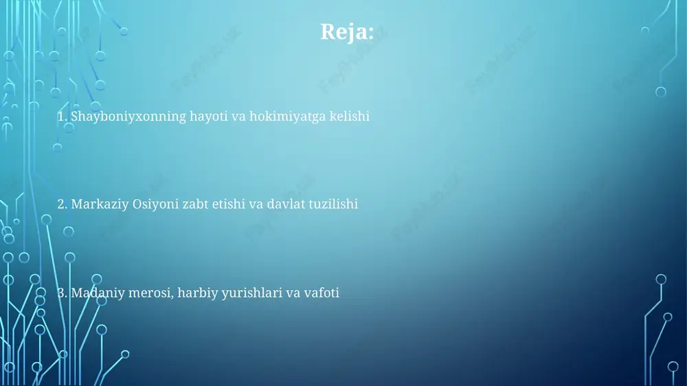 varounnahrni egallash uchun diplomatiyadan foydalangan, 1505-yilgacha samarqandni oʻz nazoratiga oldi. madaniy homiylik, ilmiy faoliyat va shayboniyxon obrazi shayboniyxonning madaniy homiyligi 15-asr oxiri va 16-asr boshlarida ilmiy rivojlanishga turtki berdi, u olimlar va shoirlarni qo'llab-quvvatlab, ularning faoliyatini rag'batlantirdi. uning buyrug'i bilan 16-asr boshlarida movarounnahr hududida kitoblar ko'paytirildi va ilmiy markazlar faoliyati jonlandi, bu esa madaniy yuksalishga sabab bo'ldi. shayboniyxon obrazi adabiyotda ko'pincha kuchli hukmdor va mohir sarkarda sifatida tasvirlangan, uning harbiy g'alabalari va siyosiy strategiyalari madh etilgan. ichki kurashlar, tashqi tahdidlar va vafot shayboniyxonning asosiy tashqi tahdidi safaviylar davlati bo'lib, 1510-yilda marv yaqinidagi jangda shayboniyxonning mag'lubiyati va o'limi shayboniylar davlatining kelajagiga katta ta'sir ko'rsatdi. shayboniyxonning hukmronligi davrida, 1503-1510 yillarda, movarounnahr shahzodalari o'rtasida hokimiyat uchun ichki kurashlar avj olib, davlatning siyosiy barqarorligiga putur yetkazdi. shayboniyxon 1510-yilda safaviylar bilan jangda halok bo'ldi, bu uning hukmronligiga yakun yasadi va uning vorislari davlatni saqlab qolish uchun kurashishiga sabab bo'ldi. shayboniylar davrida madaniyat va san'at miniatyura …