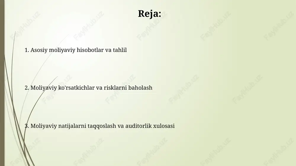i va pul oqimi investitsiya faoliyatidagi pul oqimi aktivlarni sotib olish yoki sotish bilan bog'liq bo'lib, masalan, 100 000 aqsh dollari miqdoridagi ko'chmas mulk sotuvi misol bo'la oladi. kapital qo'yilmalar, masalan, yangi uskunalar uchun 50 000 000 so'm sarflash, investitsiya faoliyatining muhim qismi bo'lib, kelajakda pul oqimini yaratishga qaratilgan. taqqosiy tahlil va risklar tahlili taqqosiy tahlil bir nechta davrlar uchun daromad, aktivlar va majburiyatlarni solishtirib, 10% o'sish tendentsiyalari yoki pasayishni aniqlaydi. risklarni tahlil qilish 5 yillik kredit xavfini baholashni o'z ichiga oladi, moliyaviy bozorlardagi o'zgaruvchanlik va uning rentabellikka ta'sirini aniqlaydi. auditorlik xulosasi auditorlik xulosasi moliyaviy hisobotlarning xolis va ishonchli ekanligini tasdiqlaydi, bu esa investorlar va kreditorlar uchun muhim ahamiyatga ega. xulosa turlari bo'lishi mumkin: shartsiz (to'g'ri), shartli (muammolar mavjud), salbiy (hisobot noto'g'ri) va rad etish (fikr bildirish imkoni yo'q). e'tiboringiz uchun rahmat image1.png image2.jpg image3.jpg image4.jpg image5.jpg image6.jpg image7.jpg image8.jpg
