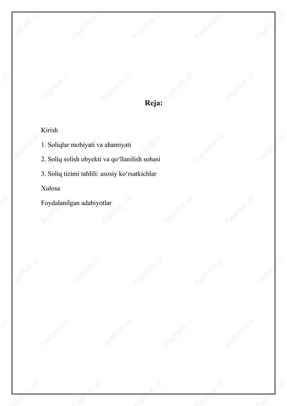 g iqtisodiy mohiyati shundaki, ular yalpi ichki mahsulotning (yaim) bir qismini davlat foydasiga olib qo'yish orqali iqtisodiy resurslarni markazlashtiradi. bu markazlashtirilgan mablag'lar davlatga ijtimoiy va iqtisodiy siyosatini amalga oshirish, shuningdek, bozor mexanizmlari samarali ishlamaydigan sohalarni qo'llab-quvvatlash imkonini beradi. misol uchun, subsidiyalar, ijtimoiy to'lovlar va davlat investitsiyalari soliq tushumlarining hisobidan moliyalashtiriladi. shuningdek, soliqlar orqali davlat iqtisodiy o'sishni rag'batlantirish, inflatsiyani nazorat qilish va bandlikni ta'minlash kabi makroiqtisodiy maqsadlarga erishishga harakat qiladi. ⚖️ soliqlar mohiyatini taqqoslash soliqlarning mohiyati, ob'ekti, qo'llanilish sohasi va qisqacha tahliliy ma'lumotlar item mohiyati ob'ekti qo'llanilish sohasi tahliliy ma'lumotlar daromad solig'i daromadni olish jismoniy shaxslar daromadi milliy progressiv stavkalar qqs qo'shilgan qiymatni olish tovar va xizmatlar milliy regressiv ta'sir yer solig'i yer resurslarini boshqarish yer uchastkalari mahalliy kadastr qiymati asosida soliq ob'ektlari va bazasi soliq ob'ekti – bu soliq solinadigan narsa, hodisa yoki faoliyat turidir. o‘zbekiston respublikasi soliq qonunchiligiga ko‘ra, soliq ob'ektlari juda xilma-xil bo‘lishi mumkin. bularga, xususan, daromadlar (jismoniy …