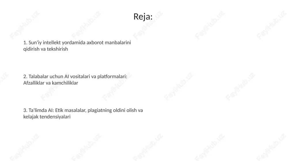 langan vosita, bu talabalarga katta hajmdagi ma'lumotlarni tahlil qilishda yordam beradi va vaqtni tejaydi. ai yordamida manbalarni tahlil qilish va sintez qilish ai matnlarni tahlil qilishda semantik tarmoqlardan foydalanib, 85% aniqlikda mavzular va tendentsiyalarni aniqlaydi, bu esa sintezni osonlashtiradi. ai algoritmlari 70% tezroq ma'lumotlarni sintez qilib, qarama-qarshiliklarni aniqlaydi va turli manbalardan 90% mos keluvchi argumentlarni ajratadi. sun'iy intellektning afzalliklari: samaradorlik va qulaylik ai talabalarga 24/7 rejimida ma'lumot qidirish imkoniyatini beradi, bu esa kutubxonalarning ish vaqtiga bog'liqlikni kamaytiradi va samaradorlikni oshiradi. ai yordamida talabalar o'zlarining tadqiqot vazifalarini tezroq bajarishlari mumkin, chunki ai qidiruvni avtomatlashtiradi va mos manbalarni soniyalarda taqdim etadi. sun'iy intellektning kamchiliklari: cheklovlar va xavflar 2-kamchilik - ai tizimlarining ma'lumotlarni tahlil qilish qobiliyati ma'lumotlar sifati va xajmiga bog'liq. 30% ma'lumotlar noto'g'ri bo'lsa, natijalar buzilishi mumkin. sun'iy intellektning 1-cheklanishi - uning 100% aniqlikka erisha olmasligidir. algoritmlarda xatolar bo'lishi mumkin, bu esa noto'g'ri ma'lumot manbalarini taqdim etish xavfini oshiradi. etik masalalar: ma'lumotlardan …