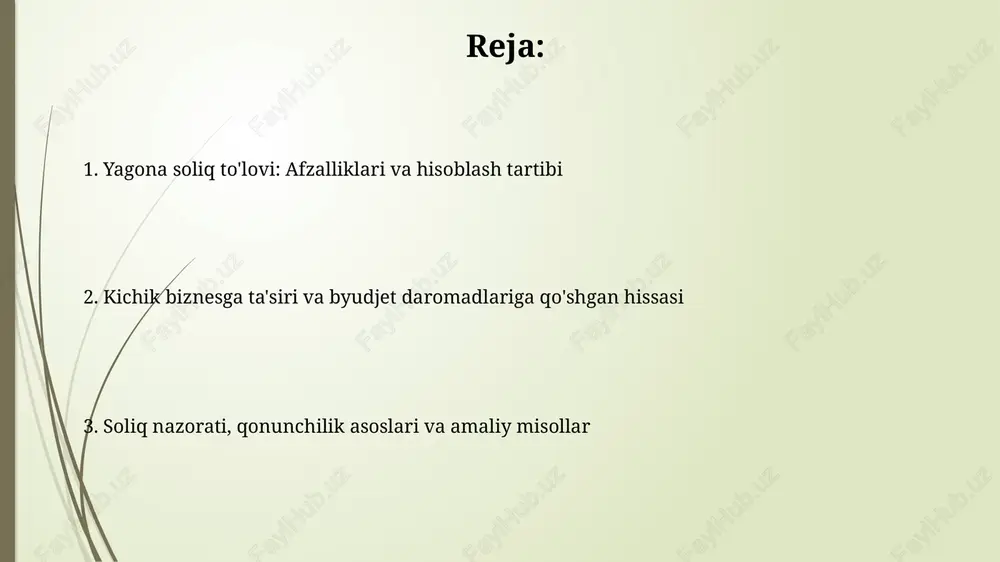 ratiladi. hisobot taqdim etish yagona soliq toʻlovi boʻyicha hisobotlar har chorakda, hisobot davridan keyingi oyning 25-kunidan kechiktirmay soliq organlariga topshiriladi, bunda soliq deklaratsiyasi to'ldiriladi. yagona soliq toʻlovi hisobotida soliq bazasi, imtiyozlar (agar mavjud boʻlsa) va hisoblangan soliq summasi kabi asosiy ma'lumotlar ko'rsatiladi. elektron shaklda taqdim etish afzalroqdir. jarimalar va sanktsiyalar yagona soliq to'lovini belgilangan muddatda to'lamaslik 10 foizdan 30 foizgacha jarima solishga olib kelishi mumkin, kechikkan har bir kun uchun foizlar ham qo'shiladi. hisobotni topshirish muddatini buzganlik uchun bazaviy hisoblash miqdorining 1 baravaridan 3 baravarigacha jarima belgilanadi, takroriy holatlar uchun esa 5 baravargacha yetishi mumkin. kichik biznes va tadbirkorlikka ta’siri yagona soliq toʻlovi kichik biznesga soliq yukini kamaytirish orqali resurslarni tejash imkonini beradi, bu esa 10 foizgacha qoʻshimcha mablagʻni rivojlanishga yoʻnaltirishga yordam beradi. soddalashtirilgan tizim hisobot topshirish va soliq toʻlash jarayonlarini osonlashtiradi, bu tadbirkorlar uchun vaqt va xarajatlarni kamaytiradi, shu bilan tadbirkorlik muhitini yaxshilaydi. byudjet daromadlariga ta’siri yagona soliq to'lovi …