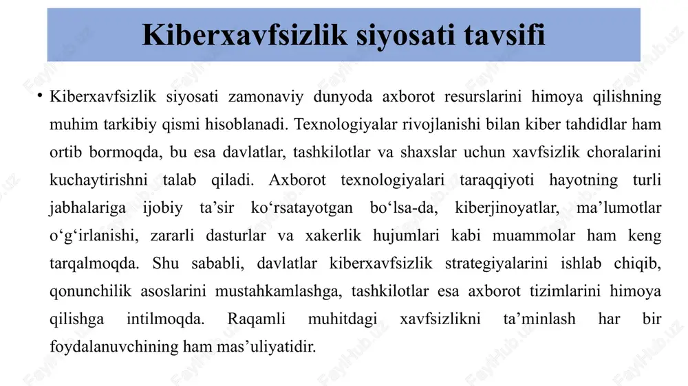 umotlarni himoya qilish uchun xalqaro tajribaga asoslangan texnologik yechimlarni joriy etadi. shu bilan birga, kiberjinoyatlarga qarshi samarali kurashish uchun monitoring tizimlari, hujumlarni oldindan aniqlash usullari va maxsus kiberxavfsizlik markazlari tashkil etiladi. kiberxavfsizlik tahdidlari kiberxavfsizlikka tahdidlar turli shakllarda namoyon bo‘ladi va raqamli muhitdagi ma’lumotlar xavfsizligiga jiddiy xavf tug‘diradi. fishing – bu firibgarlar tomonidan foydalanuvchilarning shaxsiy ma’lumotlarini qo‘lga kiritish uchun ishlatiladigan usul bo‘lib, ko‘pincha soxta elektron pochta yoki veb-sahifalar orqali amalga oshiriladi. ransomware (fidyelik dasturlar) esa tizimga kirib, ma’lumotlarni shifrlaydi va ularni tiklash evaziga to‘lov talab qiladi. ddos hujumlari esa tarmoqlarga ortiqcha yuk tushirib, xizmatlarni ishlamay qolishiga sabab bo‘ladi. shuningdek, tajribali xakerlar tomonidan amalga oshiriladigan hujumlar va tashkilot ichidagi xodimlarning ehtiyotsizligi yoki qasddan sodir etgan harakatlari ham jiddiy ichki tahdidlar sirasiga kiradi. kiberjinoyatlarga qarshi choralar kiberjinoyatlarga qarshi samarali choralar orasida shifrlash va autentifikatsiya tizimlari muhim o‘rin tutadi. ular ma’lumotlarning maxfiyligini ta’minlash va ruxsatsiz kirishlarning oldini olish uchun qo‘llaniladi. shuningdek, kiberxavfsizlik bo‘yicha ta’lim …