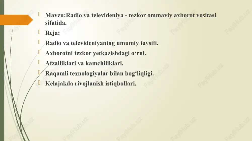 borot almashinuvi aholiga xavfsizlikni ta’minlashga yordam beradi. tibbiyotda – shoshilinch tibbiy ma’lumotlarning tezkor yetkazilishi inson hayotini saqlab qolishi mumkin. axborotni tez yetkazish vositalari zamonaviy texnologiyalar orqali axborotni tezkor yetkazish imkoniyati oshgan: internet va ijtimoiy tarmoqlar – yangiliklar va dolzarb ma’lumotlar tez tarqaladi. mobil aloqa va messenjerlar – matnli xabarlar, qo‘ng‘iroqlar yoki video qo‘ng‘iroqlar orqali axborot yetkaziladi. oav (televideniye, radio, matbuot) – muhim voqealar va dolzarb xabarlar keng auditoriyaga yetkaziladi. axborotni tez yetkazishning ijobiy va salbiy tomonlari ijobiy tomonlari: ✅ tezkor qaror qabul qilish imkoniyati oshadi. ✅ axborot almashinuvining tezligi natijasida samaradorlik ortadi. ✅ favqulodda vaziyatlarda inson hayotini saqlab qolish mumkin. salbiy tomonlari: ❌ noto‘g‘ri yoki yolg‘on axborotning tarqalishi xavfi bor. ❌ shaxsiy ma’lumotlarning maxfiyligi buzilishi mumkin. ❌ odamlarda axborot haddan tashqari ko‘payishi natijasida stress paydo bo‘lishi mumkin. afzalliklari va kamchiliklari. axborotni tezkor yetkazishning afzalliklari va kamchiliklari axborotni tezkor yetkazish har qanday jamiyat va soha uchun muhim jarayon bo‘lib, u zamonaviy …