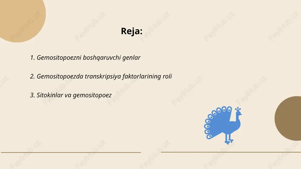 naydi, ular gemoatopoetik ildiz hujayralarining ko'payishini va farqlanishini boshqaradi. ilmiy tadqiqotlar ko'rsatadiki, masalan, interleykin-3, interleykin-6 va granulotsit-makrofag koloniya stimulyatsiya qiluvchi omil kabi sitokinlar gemoatopoetik hujayralarning o'sishi va rivojlanishida asosiy rol o'ynaydi. sitokinlar turli retseptorlarga bog'lanib, hujayra ichidagi signallarni faollashtiradi va bu jarayonlar orqali organizmda normal qon hujayralari ishlab chiqarilishi ta'minlanadi. ... t.me/slaydai_bot 4. eritropoezni boshqarish mexanizmlari eritropoezni boshqarish mexanizmlari qizil qon tanachalarining ishlab chiqarilishini nazorat qiladi. asosiy omil eritropoetin (epo) gormoni bo‘lib, buyraklar tomonidan kislorod yetishmovchiligi kuzatilganda ajraladi. eritropoetin suyak iligi hujayralarini qizil qon tanachalari ishlab chiqarishga rag‘batlantiradi. eritrositlar hosil bo‘lishi yana temir, foliy kislotasi va b12 vitaminiga bog‘liq. ushbu mexanizmlar kislorod tashish qobiliyatini muvozanatlashda muhim ahamiyatga ega. og‘ir sharoitlarda, masalan, baland tog‘larda yashaganda, epo darajasi ko‘tariladi va eritrositlar ko‘payishi kuzatiladi. kamqonlikda epo darajasi bilan muhojatlanuvchi eritropoez faollashadi. ... t.me/slaydai_bot lökositlarning rivojlanishini nazorat qiluvchi omillar bir necha asosiy yo‘nalishga bo‘linadi. birinchidan, genetik omillar, ya’ni irsiyyat lökositlarning hosil bo‘lish jarayoniga ta’sir …