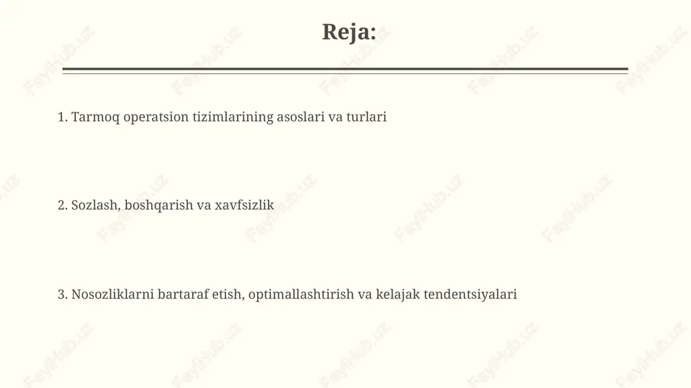 i ip-manzillaridan foydalanib, tarmoq xavfsizligini ta'minlash uchun filtrlash qoidalarini belgilaydi. protokollar, xizmatlar va nosozliklarni bartaraf etish protokollar tcp/ip to'plami kabi ma'lumotlarning uzatilishini boshqaradi, dns esa domen nomlarini ip manzillariga aylantiradi. muammolarni bartaraf etishda ping va traceroute kabi vositalar muhim ahamiyatga ega. xizmatlar veb-serverlar (80 va 443-portlar) va elektron pochta serverlari (25-port) kabi funksiyalarni ta'minlaydi. nosozliklarni bartaraf etish server loglarini tahlil qilish va autentifikatsiya muammolarini hal qilishni o'z ichiga oladi. ishlashni optimallashtirish va virtualizatsiya ishlashni optimallashtirish uchun virtual mashinalarni to'g'ri o'lchamlash muhimdir. cpu, xotira va disk resurslarini ortiqcha ajratish resurslarning isrof bo'lishiga olib kelishi va boshqa vmlarga ta'sir qilishi mumkin. virtualizatsiya sharoitida ish faoliyatini optimallashtirish tarmoq i/o ni optimallashtirishni o'z ichiga oladi. sr-iov kabi texnologiyalar vmlarga apparatga to'g'ridan-to'g'ri kirish imkonini beradi, kechikishni kamaytiradi va o'tkazuvchanlikni oshiradi. zamonaviy tendentsiyalar va kelajak yo'nalishlari tarmoq operatsion tizimlarida (not) avtomatlashtirish 802.1x kabi xavfsizlik siyosatini konfiguratsiya qilishni osonlashtiruvchi ansible va puppet kabi vositalar bilan jadal rivojlanmoqda. …