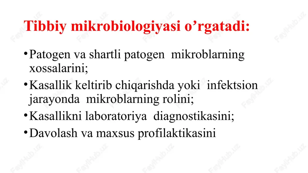 5-1916 y) v. molekulyar-genetik davr: bu davr xx asrning ikkinchi yarmidan boshlanib, molekulyar biologiya, genetika, biotexnologiya, gen injeneriyasining va bu fanlarning molekulyar-genetik aspektlarining rivojlanishi bilan bordi, hozirda ham bu davr davom etmoqda. bu davrda koʼp bakteriya va viruslarning molekulyar strukturasi, ular genomining tuzilishi va tarkibi, antigen va antitanalarning tuzilishi, bakteriya va viruslarning patogenlik faktorlari rasshifrovka qilindi. mikrobiologiya rivojlanishida boshqa olimlarning ishlari ivanovskiy d.i. (1864-1920 y) rus biologi boʼlib, tamaki mozaikasi va filtrlovchi viruslarning asoschisidir. vorob’yov a.a. (1922-2006 y) qoqshol va botulizmga qarshi anatoksinlar ishlab chiqqan; chechakka, oʼlatga, venesuel entsefalitiga qarshi vaktsina ishlab chiqqan oʼzbekiston olimlari p.f. samsonov (1892-1964 y.)- t.f.d., professor, toshmidagi mikrobiologiya kaf. mudiri 1934-1964 y. 90 ilmiy ishlarni yozgan sil va brutsellez kasalligi epidemiologiyasi va oldini olish choralarni ishlab chiqqan. oʼzbekiston olimlari n.a. zakirov (1930-1997) sampida kaf. mudiri bo’lgan, mikroblarni genetikasidan ish olib borgan, oʼzbek tilida darslik yozgan ch.a. abdirov (1923-2002) moxov kasalligini oldini olishda va davolashda qatnashgan …