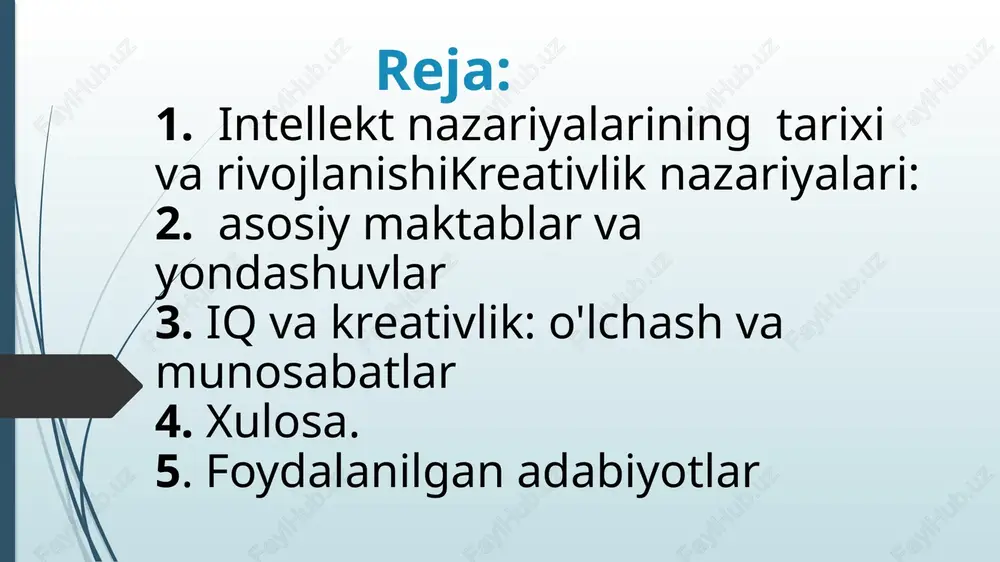 birga mavjud bo'lishi mumkin bo'lgan bir necha turlarga ega. gardner verbal-linguistik, mantiqiy-matematik, vizual-makondagi, musiqiy, jismoniy-kinestik, ichki hissiy va interpersonal intellekt kabi qobiliyatlarni ajratib ko'rsatdi. 1980-yillarda robert sternberg "triarchic nazariya" ni rivojlantirdi. unga ko'ra, intellekt uch asosiy komponentdan tashkil topadi: analitik, ijodiy va amaliy intellekt. intellekt nazariyalari bo'yicha tadqiqotlar kognitiv psixologiyaning rivojlanishiga juda katta hissa qo'shdi. kognitiv yondashuv ko'proq aqliy jarayonlar, masalan, xotira, e'tibor va o'rganish jarayonini o'rganish bilan shug'ullanadi. bugungi kunda intellekt nazariyasi keng tadqiqotlar va texnologik yutuqlar yordamida rivojlanib bormoqda. funktsional magnit rezonans tomografiyasi (fmri) va boshqa neyroilmiy texnologiyalar orqali intellektning miya faoliyati bilan bog'liqligini o'rganish kuchaydi. mavzuning kelajagi yana ham murakkab va qiziqarli o'rganish sohalarini o'z ichiga oladi. sun'iy intellekt va mashina o'rganishi sohasidagi yutuqlar ham inson intellekti haqidagi tushunchalarimizni kengaytirish va chuqurlashishga hissa qo'shishi mumkin. intellekt nazariyalari bugungi va kelgusi davrda ham qiziqishlarni jalb etishda davom etadi 2. kreativlik nazariyalari: asosiy maktablar va yondashuvlar kreativlik nazariyalari ko'p …