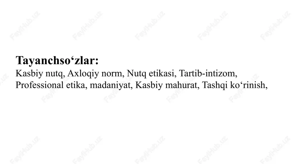 atish axloqiy normalarga zid. o‘zbek tilshunosligida nutq madaniyati va axloq (a. madvaliyev, n. mahmudov) o‘zbek olimlari a. madvaliyev va n. mahmudov kasbiy muloqotda nutq madaniyatining quyidagi axloqiy asoslarini ta’kidlaydilar: nutq estetikasi – nutqning nafosati va so‘zlashuv odobiga rioya qilish; muloqotda samimiyat va ishonchlilik – yolg‘on so‘zlamaslik, manipulyatsiyaga yo‘l qo‘ymaslik; nutqning milliy qadriyatlar bilan uyg‘unligi – til me’yorlari va milliy mentalitetga mos ravishda muloqot qilish. ushbu olimlarning fikrlariga ko‘ra, kasbiy muloqotda nutq madaniyatining axloqiy asoslari insonning hurmat, xushmuomalalik, adolat va mas’uliyat hissiga asoslanadi. kasbiy muloqot va uning mohiyati kasbiy muloqot - bu professional faoliyat doirasida amalga oshiriladigan rasmiy va norasmiy muloqot jarayoni bo‘lib, u quyidagi jihatlarni qamrab oladi: kasbiy muloqot va uning mohiyati kasbiy muloqot — bu muayyan kasbiy faoliyat doirasida amalga oshiriladigan, ishbilarmonlik, rasmiy yoki norasmiy tarzda kechadigan muloqot jarayonidir. ushbu muloqotning asosiy maqsadi — kasbiy faoliyat samaradorligini oshirish, hamkasblar, mijozlar va rahbariyat bilan samarali aloqa o‘rnatishdir. kasbiy muloqot boshqa …