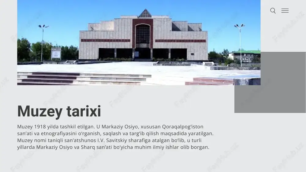 iladi. bu yerda qadimiy davrlarga oid haykallar, shuningdek, zamonaviy san’atkorlar tomonidan yaratilgan asarlar ham mavjud. har bir eksponat qoraqalpog‘iston xalqining tarixiy va madaniy xotirasini ifodalaydi. milliy kiyim va bezaklar muzeyda qoraqalpog‘iston xalqining milliy kiyimlari, bezaklari, to‘qimachilik va boshqa hunarmandchilik buyumlari jamlangan. bu bo‘lim orqali tashrif buyuruvchilar xalqning kundalik hayoti, bayram liboslari va qadimiy hunarmandchilik an’analari bilan tanishadi. tematik ekspozitsiyalar muzey turli tematik bo‘limlarga bo‘lingan: tarixiy, madaniy, etnografik va zamonaviy san’at. har bir bo‘lim alohida ko‘rgazma va ma’lumot paneli bilan jihozlangan. bu tashrif buyuruvchilarga san’at va madaniyatning turli qirralarini o‘rganish imkonini beradi. giggling platypus co. e’tiboringiz uchun rahmat image1.png image2.png image3.svg image4.png image5.svg image6.png image7.png image8.png image9.png image10.png image11.png image12.png image13.png image14.png image15.png image16.png image17.png image18.png image19.png /docprops/thumbnail.jpeg