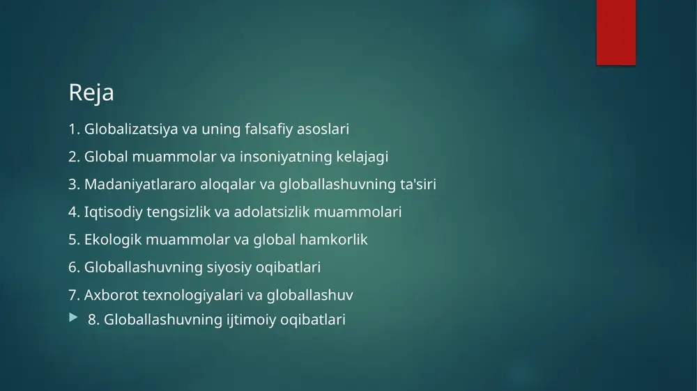 qaratadi va o'ziga xos tahlilini taqdim etadi. globalizatsiyaning falsafiy asoslari global ekologik muammolar insoniyatning kelajagi uchun jiddiy tahdid soladi. iqlim o'zgarishi, ifloslanish, tabiiy resurslarning kamayishi kabi muammolar butun dunyo mamlakatlarini birgalikda harakat qilishga majbur qiladi. ekologik muammolarni hal qilish uchun xalqaro hamkorlik va davlatlararo kelishuvlar zarur. davlatlar o'rtasidagi hamkorliksiz ekologik muammolarni hal qilish deyarli imkonsizdir. shu sababli, global miqyosda ekologik muammolarga qarshi kurashish uchun qo'shma sa'y-harakatlar talab etiladi. global ekologik muammolarni hal qilishda yangi texnologiyalar va innovatsiyalar muhim rol o'ynaydi. sanoat korxonalarining ekologik standartlarga rioya qilishi va energiya samaradorligining oshirilishi zarurdir. global muammolar: ekologik inqiroz jahon miqyosida iqtisodiy tengsizlikning kuchayishi global muammo hisoblanadi. boy va kambag'al mamlakatlar o'rtasidagi tafovut tobora ortib bormoqda. bu esa ijtimoiy notinchliklar va siyosiy beqarorlikka olib kelishi mumkin. iqtisodiy tengsizlikni kamaytirish uchun adolatli global iqtisodiy tizim yaratish zarur. xalqaro savdo siyosati va investitsiyalarni taqsimlash adolatli bo'lishi kerak. bundan tashqari, ta'lim va sog'liqni saqlash sohalariga ko'proq investitsiya …