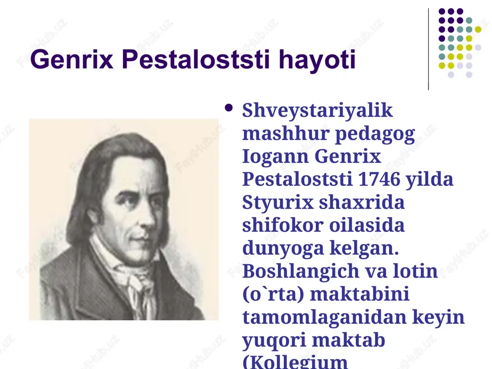 ng ahamiyatini ta’kidladi. u tomonidan ishlab chiqilgan bosqichma-bosqich o‘qitish, jonli kuzatish va oddiydan murakkabga tamoyillari bugungi zamonaviy ta’lim tizimida ham qo‘llanilmoqda. adolf disterverging rivojlantiruvchi ta’lim nazariyasi disterverg ta’lim jarayonida bolalarning fikrlash qobiliyatini rivojlantirishni bosh maqsad deb bilgan. u o‘qitish jarayoni tayyor bilimlarni yodlashga emas, balki o‘quvchining mustaqil izlanishiga, savol berishiga, mantiqiy xulosa chiqarishiga xizmat qilishi kerakligini ta’kidladi. rivojlantiruvchi ta’limda bolaga o‘z fikrini erkin ifoda etish, o‘zlashtirayotgan bilimini hayotiy tajriba bilan bog‘lash, mustaqil fikrlash va ijodiy yondashuvni shakllantirish muhim sanaladi. disterverg metodikasida o‘qituvchi yo‘lboshchi sifatida ko‘riladi, o‘quvchi esa faol izlanuvchi bo‘lishi zarur. yan amos komenskiyning pedagogik tizimi komenskiy dunyo pedagogikasida birinchi bo‘lib tizimli, izchil va ilmiy asoslangan ta’lim modelini yaratdi. uning «didaktika magna» asarida ta’limning umumiy qonuniyatlari, bosqichlari, darsning tuzilishi va o‘quv jarayonini tashkil etish usullari bayon qilingan. komenskiy ta’limni ommaviy, uzluksiz, bosqichma-bosqich va ona tilida berilishi kerak deb hisoblagan. u ko‘rgazmalilik, izchillik, amaliylik, muvofiqlik kabi didaktik tamoyillarning asoschisi hisoblanadi. komenskiy …