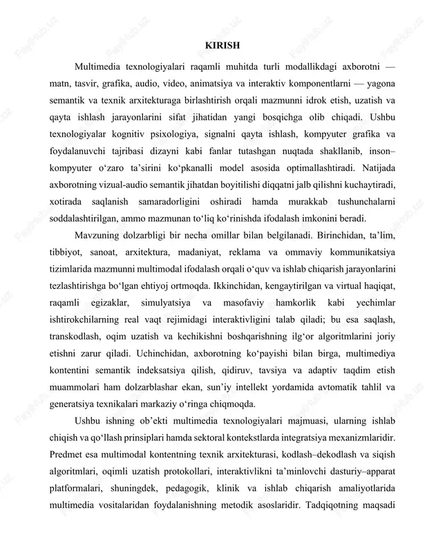 xnikalari markaziy o‘ringa chiqmoqda. ushbu ishning ob’ekti multimedia texnologiyalari majmuasi, ularning ishlab chiqish va qo‘llash prinsiplari hamda sektoral kontekstlarda integratsiya mexanizmlaridir. predmet esa multimodal kontentning texnik arxitekturasi, kodlash–dekodlash va siqish algoritmlari, oqimli uzatish protokollari, interaktivlikni ta’minlovchi dasturiy–apparat platformalari, shuningdek, pedagogik, klinik va ishlab chiqarish amaliyotlarida multimedia vositalaridan foydalanishning metodik asoslaridir. tadqiqotning maqsadi multimedia tizimlarining nazariy va metodologik poydevorini tizimli yondashuv asosida yoritish, qo‘llanilish ssenariylarini tahlil qilish, samaradorlik va sifat ko‘rsatkichlarini belgilovchi omillarni aniqlash hamda amaliyotga tatbiq etish bo‘yicha konseptual tavsiyalar ishlab chiqishdan iborat. ilmiy yangilik bir necha yo‘nalishda namoyon bo‘ladi. birinchidan, multimedia tizimlarini “kontent–tarmoq–interfeys” uchligi orqali integrativ modelda ko‘rib, ularning o‘zaro bog‘liqligini sifat metrikalari bilan birga tavsiflaydi. ikkinchidan, foydalanuvchi tajribasini baholashda sub’ektiv mezonlar (qoniqish, kognitiv yuklama, o‘rganish natijasi) va obyektiv ko‘rsatkichlar (kechikish, o‘tkazuvchanlik, kodlash samaradorligi, xatoliklar) o‘rtasidagi bog‘lanishlar empirik dalillar bilan asoslanadi. uchinchidan, talimiy va klinik amaliyotlar uchun moslashtirilgan multimediya modullarida adaptiv ssenariylar, kirish imkoniyati standartlari va etik-me’yoriy talablar uyg‘unligiga …