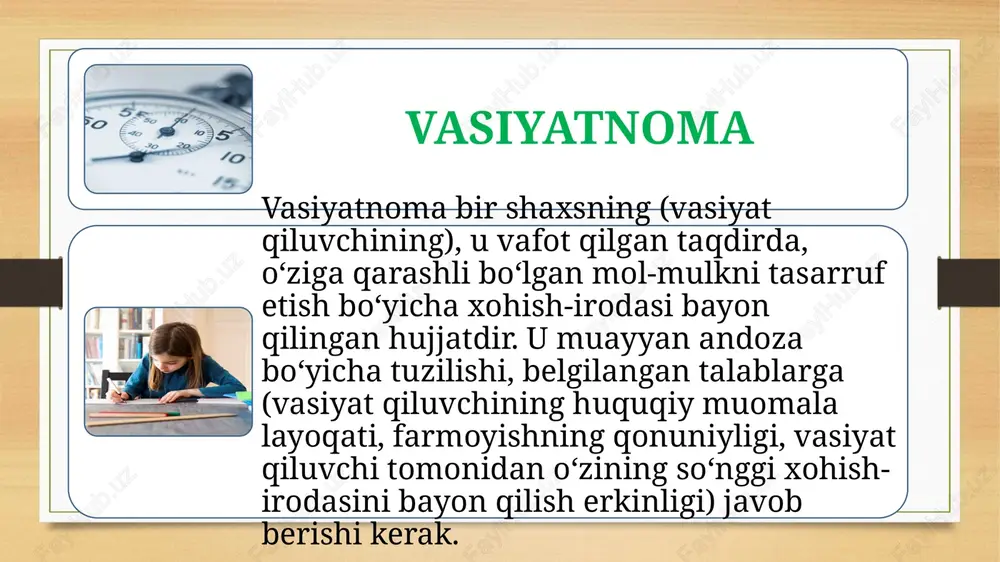 ish-irodasiga binoan va amaldagi qonunlarga rioya qilgan holda tasdiqladim. vasiyatnoma fuqaro sobir sodiqovich ikromov tomonidan mening huzurimda imzolandi. vasiyat qiluvchining shaxsi aniqlandi, muomalaga layoqatliligi tekshirildi, ushbu notarial harakatni amalga oshirish chogʻida uning muomalaga layoqatliligi toʻgʻrisida biron-bir shubha tugʻilmadi. roʻyxat (reyestr)ga 1234 raqami bilan qayd etildi, 62060 soʻm miqdorida davlat boji olindi. notarial tasdiqlangan vasiyatnomalarga tenglashtirilgan vasiyatnoma namunasi vasiyatnoma toshkent shahri, ikki ming o‘n sakkizinchi yilning yigirma yettinchi noyabr kuni men, toshkent shahri qatortol ko‘chasidagi 80-uyning 15-xonadonida yashovchi va toshkent shahridagi onkologiya va radiologiya ilmiy-tadqiqot instituti klinikasida davolanuvchi nasim ikromovich qodirov, ushbu vasiyatnoma orqali quyidagi topshiriqni beraman: toshkent shahridagi 007/1320 raqamli omonat g‘aznasida 3456 hisobraqami bilan saqlanayotgan jamg‘armani barcha hisoblangan foizlari bilan birgalikda o‘g‘lim latif nasimovich qodirovga vasiyat qilib qoldiraman. ushbu vasiyatnoma ikki nusxada tuzildi va imzolandi. bir nusxasi saqlash uchun vasiyat qiluvchining doimiy yashash joyi bo‘yicha chilonzor tumani 1-davlat notarial idorasiga jo‘natildi, ikkinchi nusxasi vasiyat qiluvchi nasim ikromovich qodirovga berildi. …