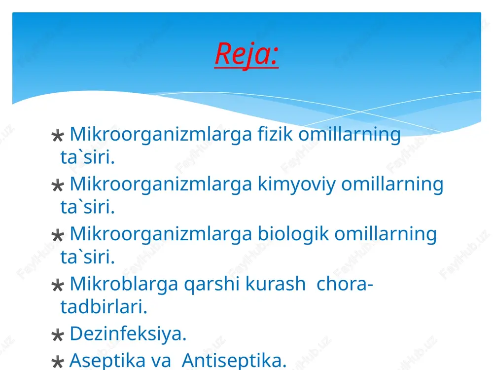 li ta`sir kuchi va oz miqdorda mikroorganizm turiga bog`liq. ionlashtiruvchi radiatsiya hujayra genomiga zararli ta`sir ko`rsatadi. ultrabinafsha kichik dozada mikrob hujayrasining dnk sini zararlaydi va natijada mikrob mutatsiya tufayli nobut bo`ladi. quyosh nuri va infraqizil nurlarning shiddatli va uzoq ta`siri ham ayrim mikroorganizmlarga salbiy ta`sir etadi. nurlar energiyasi. ultratovush (20 000 gts chastotali to`lqinlar) ta`sirida mikrob hujayrasi sitoplazmasida kavitatsion bo`shliqlar paydo bo`ladi, ularda yuqori bosimdagi suyuqlik yig`iladi va hujayra tuzulmalari buzuladi (osmotik shok). ultratovush atmosfera bosimi bakteriyalarga sezilarli ta`sir ko`rsatmaydi. ayrim bakteriya, zamburug`lar 3000 atm, fitopatogen viruslar 5000 atm bosimga chidaydi. shuning uchun bakteriyalarni boshqa tirik mavjudodlar yashay olmaydigan dengiz va okean tublarida topish mumkin. bosim mikroorganizmlar ba`zi bir kimyoviy moddalarni energiya manbai va plastik material sifatida ishlatsa, boshqalari ularga mikrobiotsid yoki mikrobiostatik ta`sir ko`rsatadi, ba’zilari esa ularning hayot faoliyati uchun ahamiyatsiz kimyoviy omillar. mikrobga qarshi moddalar hujayra devoridagi peptidoglikanni depolimerlovchi. hujayra membransini o`tqazuvchanligini oshiruvchi ba`zi kimyoviy reaksiyalarni to`htatuvchi fermentlarni …