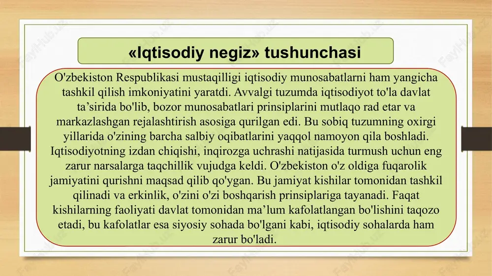 rivojlantirishning beshta ustuvor yo'nalishi bo'yicha harakatlarstrategiyasida o‘zbekiston iqtisodiyotini tashkil etish va rivojlantirishning muhim yo‘nahshlari belgilandi.o‘zbekiston prezidenti iqtisodiyotni tashkil qilishning bu muhim yo‘nalishlarini hayotga tatbiq qihsh, ulardan kutilayotgan natijalarga 2o17-yil 12-dekabr, 2o18-yil 28-dekabr va 2o2o-yil 24-yanvardagi oliy majlisga murojaatnomalarida batafsil to‘xtahb o‘tdi. 2o22 - 2o26-yillarga mo‘ljallangan taraqqiyot strategiyasida iii-yo‘nalish - «milliy iqtisodiyotni jadal rivojlantirish va yuqori o‘sish sur’atlarini ta’minlash» deb belgilanib, unda 16 ta maqsad va ularni bajarish vazifalari belgilandi. o'zbekiston konstitutsiyasining xii bobi «jamiyatning iqtisodiy negizlari» deb nomlangan va unda o'zbekiston iqtisodiyoti bozor munosabatlariga tayanishi hamda iqtisodiyotning aniq negizlari belgilab qo'yilgan. uning 65-moddasida «fuqarolar farovonligini oshirishga qaratilgan o'zbekiston iqtisodiyotining negizini xilma-xil shakllardagi mulk tashkil etadi. davlat bozor munosabatlarini rivojlantirish va halol raqobat uchun shart-sharoitlar yaratadi, iste’molchilarning huquqlari ustuvorligini hisobga oigan holda iqtisodiy faoliyat, tadbirkorlik va mehnat qilish erkinligini kafolatlaydi. o'zbekiston respublikasida barcha mulk shakllarining teng huquqliligi va huquqiy jihatdan himoya qilinishi ta’minlanadi. xususiy mulk daxlsizdir. mulkdor o'z mol-mulkidan qonunda nazarda …