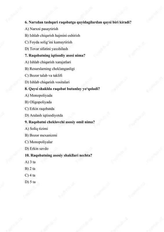 i omillar orqali kurash 13. raqobat ishtirokchilari kimlar hisoblanadi? a) davlat organlari b) faqat ishlab chiqaruvchilar c) faqat iste’molchilar d) ishlab chiqaruvchilar va iste’molchilar 14. raqobatning asosiy natijasi sifatida nimalar keltiriladi? a) innovatsiya, sifat va narx muvozanati b) ishlab chiqarishning kamayishi c) foydaning teng taqsimlanishi d) narxlarning o‘sishi 15. bozor iqtisodiyotida raqobatning huquqiy asosini nima belgilaydi? a) mehnat kodeksi b) monopoliyaga qarshi qonunlar c) soliq kodeksi d) bojxona tartiblari 16. raqobat iqtisodiyotda qanday natijaga olib keladi? a) rivojlanishning sekinlashuvi b) mahsulot sifati oshishi c) ishlab chiqarish hajmining kamayishi d) monopoliyalar kuchayishi 17. “bozor raqobatining tabiiy shakli” deganda nima tushuniladi? a) korporatsiyalar raqobati b) oligopoliya c) erkin raqobat d) monopoliya 18. raqobat ishtirokchilarining maqsadi nima? a) foyda olish va bozor ulushini kengaytirish b) narxni pasaytirish c) davlat subsidiyalarini olish d) raqobatchilarni yo‘qotish 19. o‘zbekistonda raqobatni tartibga soluvchi asosiy organ qaysi? a) iqtisodiyot va moliya vazirligi b) moliya vazirligi c) markaziy bank …