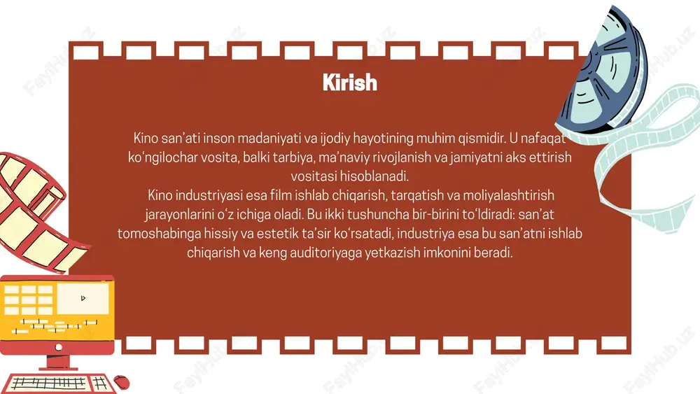 eater composition, ensuring harmony and effectiveness. kino san’ati va industriyaning o‘zaro bog‘liqligi kino san’ati sifatli va ma’naviy boy film yaratishga yordam beradi. industriya esa bu san’atni keng auditoriyaga yetkazish va iqtisodiy barqarorlikni ta’minlaydi. sifatli san’at va kuchli industriya birlashganda, kino nafaqat madaniyat, balki iqtisodiy resurs sifatida ham rivojlanadi. tarbiyaviy va ijtimoiy ahamiyati kino san’ati va industriyasi orqali yosh avlod axloqiy va ijtimoiy qadriyatlarni o‘rganadi. tarbiyaviy filmlar jamiyatdagi muammolar, tarixiy hodisalar va madaniy merosni yetkazishda samarali vosita hisoblanadi. kino tomoshabinlarni hissiy jihatdan boyitadi, empatiya va ijtimoiy ongni rivojlantiradi. xulosa kino san’ati va industriyasi bir-birini to‘ldiruvchi jarayonlardir. san’at tomoshabinga estetik va ma’naviy tajriba taqdim etsa, industriya bu san’atni ishlab chiqarish, moliyalashtirish va keng auditoriyaga yetkazish imkonini beradi. shu sababli kino nafaqat madaniyat va san’at, balki iqtisodiy va ijtimoiy rivojlanish vositasi hisoblanadi. e’tiboringiz uchun rahmat image9.png image10.svg image11.png image12.svg image1.png image2.svg image3.png image4.svg image5.png image6.svg image7.png image8.svg image13.png image14.svg image15.png image16.svg image17.png image18.svg …