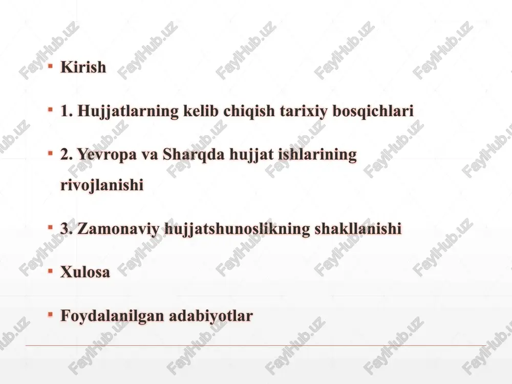 ari jamiyatlarning rivojlanishida muhim oʻrin tutadi. bu jarayon ming yillar davomida takomillashib, oddiy belgilardan murakkab tizimlarga aylangan. eng qadimgi yozuv turlaridan biri mixxat, yaʼni takozsimon yozuvdir. bu yozuv mesopotamiya hududida, hozirgi iroq yerida miloddan avvalgi 3200-yillarda sumerlar tomonidan yaratilgan. qadimgi misr, mesopotamiya, xitoy va rimdagi hujjatchilik an’analari qadimgi misrda hujjatchilik anʼanalari miloddan avvalgi 3100-yillarda boshlangan, bu yerda hierogliflar papirusda ishlatilgan. misr hujjatlari asosan maʼmuriy va diniy maqsadlarda boʻlgan: firʼavnlarning farmonlari, yer ajratish hujjatlari va soliq hisobotlari. masalan, rosetta toshi kabi topilmalar bir nechta tillarda yozilgan farmonlarni oʻz ichiga olgan, bu esa qadimiy tillarni ochishga yordam bergan. misrda hujjatlarning rasmiylashtirilishi piramidalar va ibodatxonalarda topilgan yozuvlar orqali amalga oshirilgan, ular firʼavnlarning qudratini koʻrsatgan. davlat boshqaruvida hujjatlarning tutgan o‘rni davlat boshqaruvida hujjatlarning roli qadimdan boshlanadi va ularsiz samarali idora qilish mumkin emas edi. yevropada, masalan, qadimgi rim imperiyasida hujjatlar davlatning markaziy elementi bo'lgan. rimliklar papirus va pergamentdan foydalanib, qonunlar, farmonlar va soliq hisoblarini …